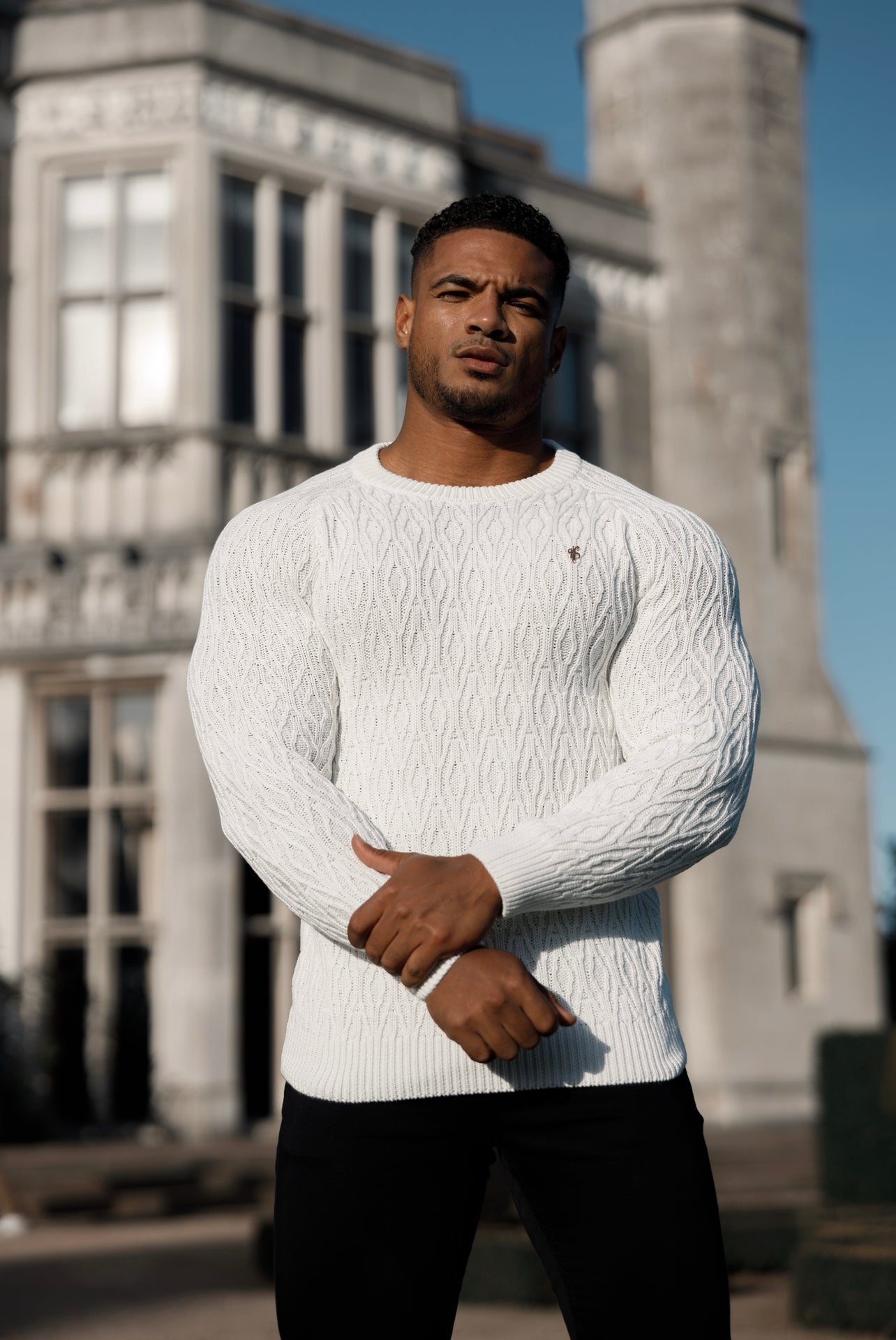 Cream Knitted Elongated Diamond Crew Super Slim Raglan Jumper With Metal Decal - FSN052
