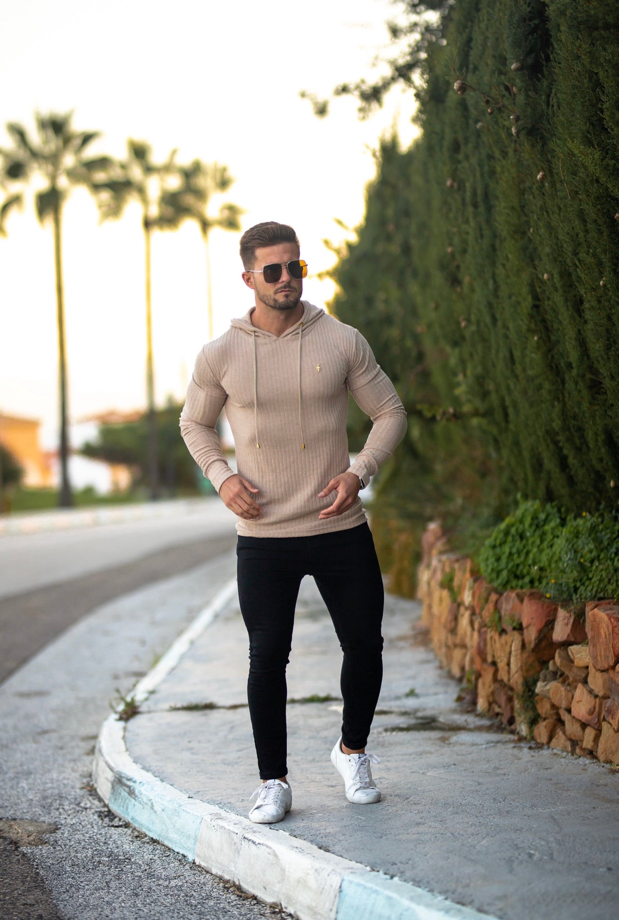 Classic Beige & Gold Ribbed Knit Hoodie Jumper - FSH541