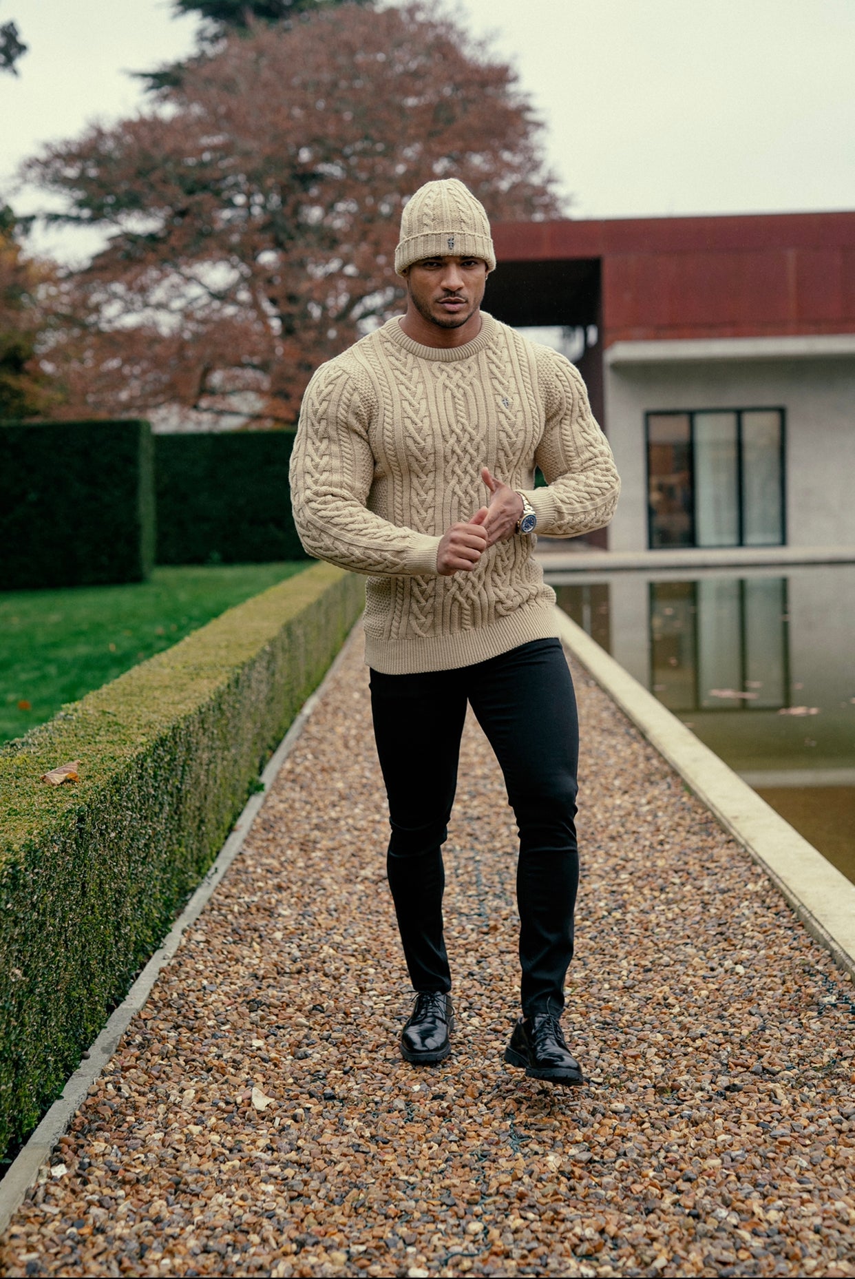 Oatmeal Twisted Braid Weave Super Slim Jumper With Gunmetal Decal - FSJ044