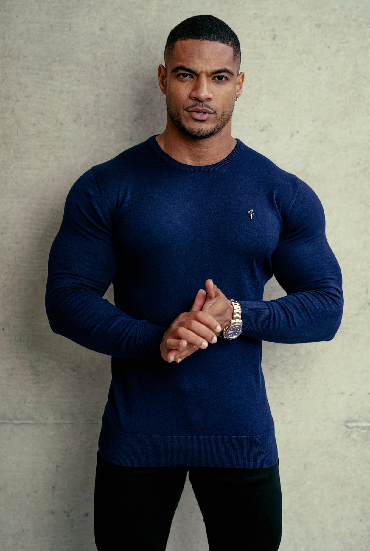 Classic Navy Crew Neck Knitted Jumper with Gunmetal Emblem - FSH669