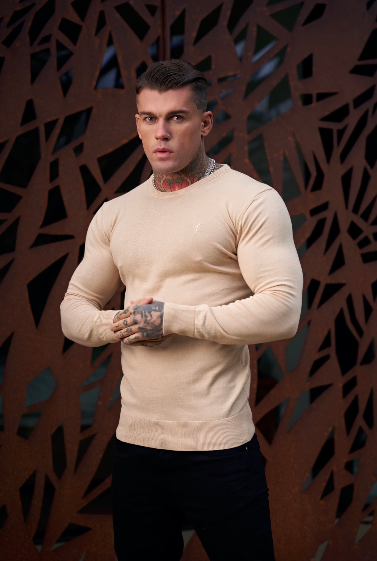 Classic Beige Crew Neck Knitted Jumper with Tonal Emblem - FSH672