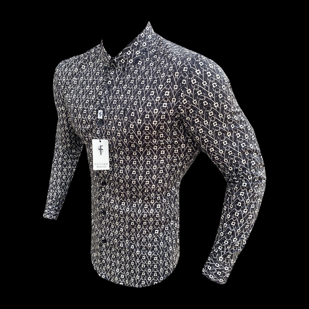 Super Slim Stretch Black and Ecru Geo Flower Print Long Sleeve with Button Down Collar - FS793