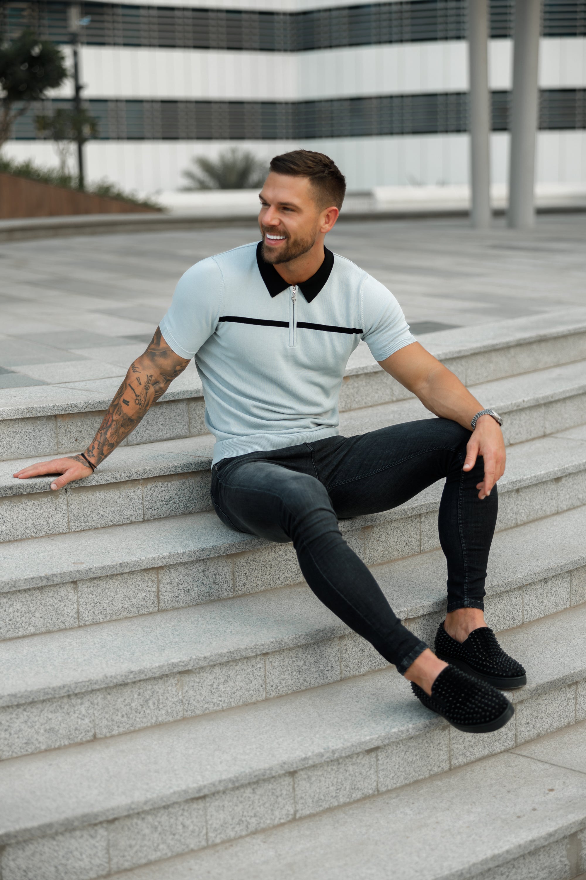 Classic Silver Grey / Black Horizontal Stripe Zipped Polo Short Sleeve - FSN040