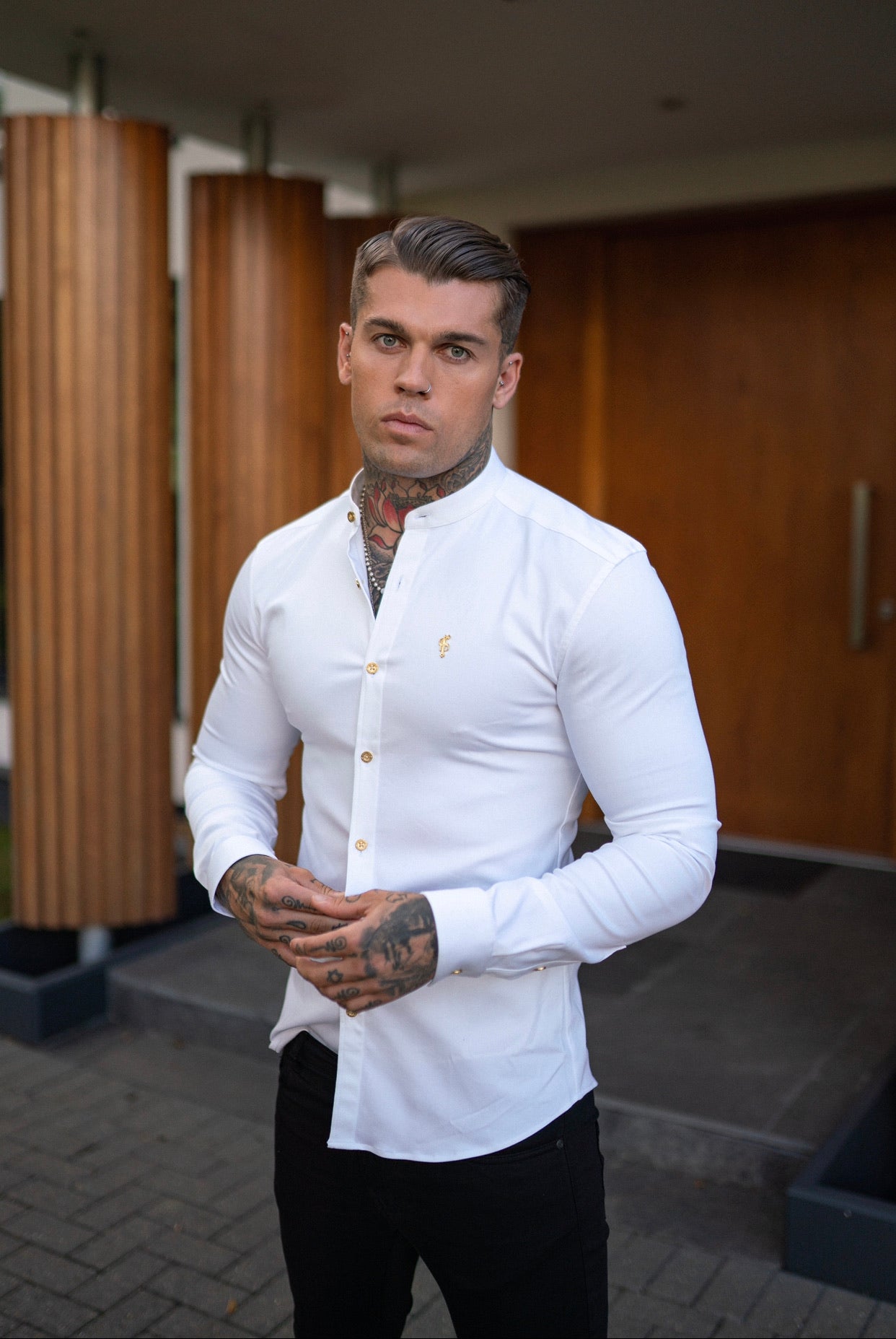 Super Slim Stretch White Denim Long Sleeve Grandad collar with Metal Buttons and Decal Emblem - FS719