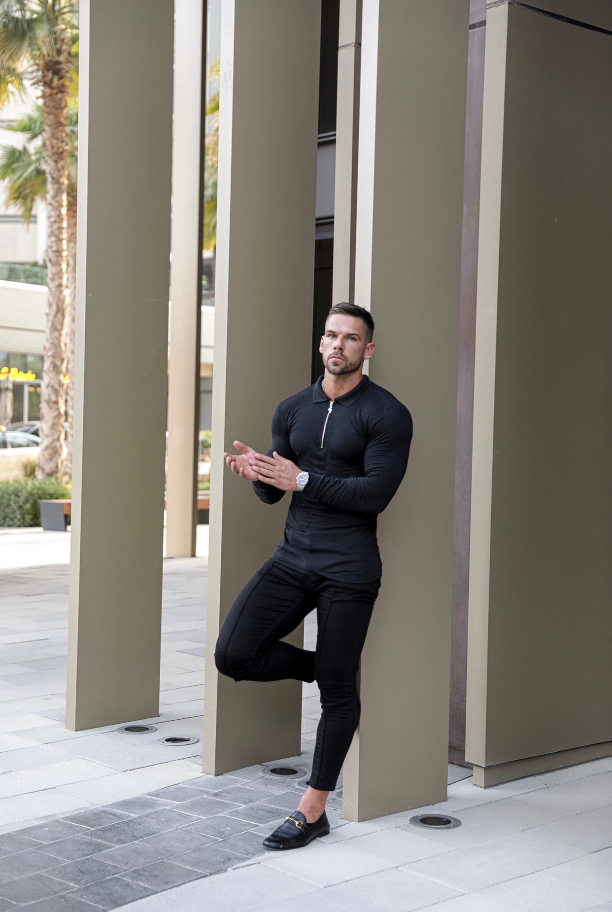 Classic Black Zipped Polo Long Sleeve Shirt - FSH025