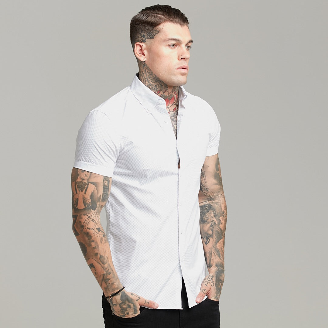Classic White and Navy Print Short Sleeve Button Down - FS605 (LAST CHANCE)