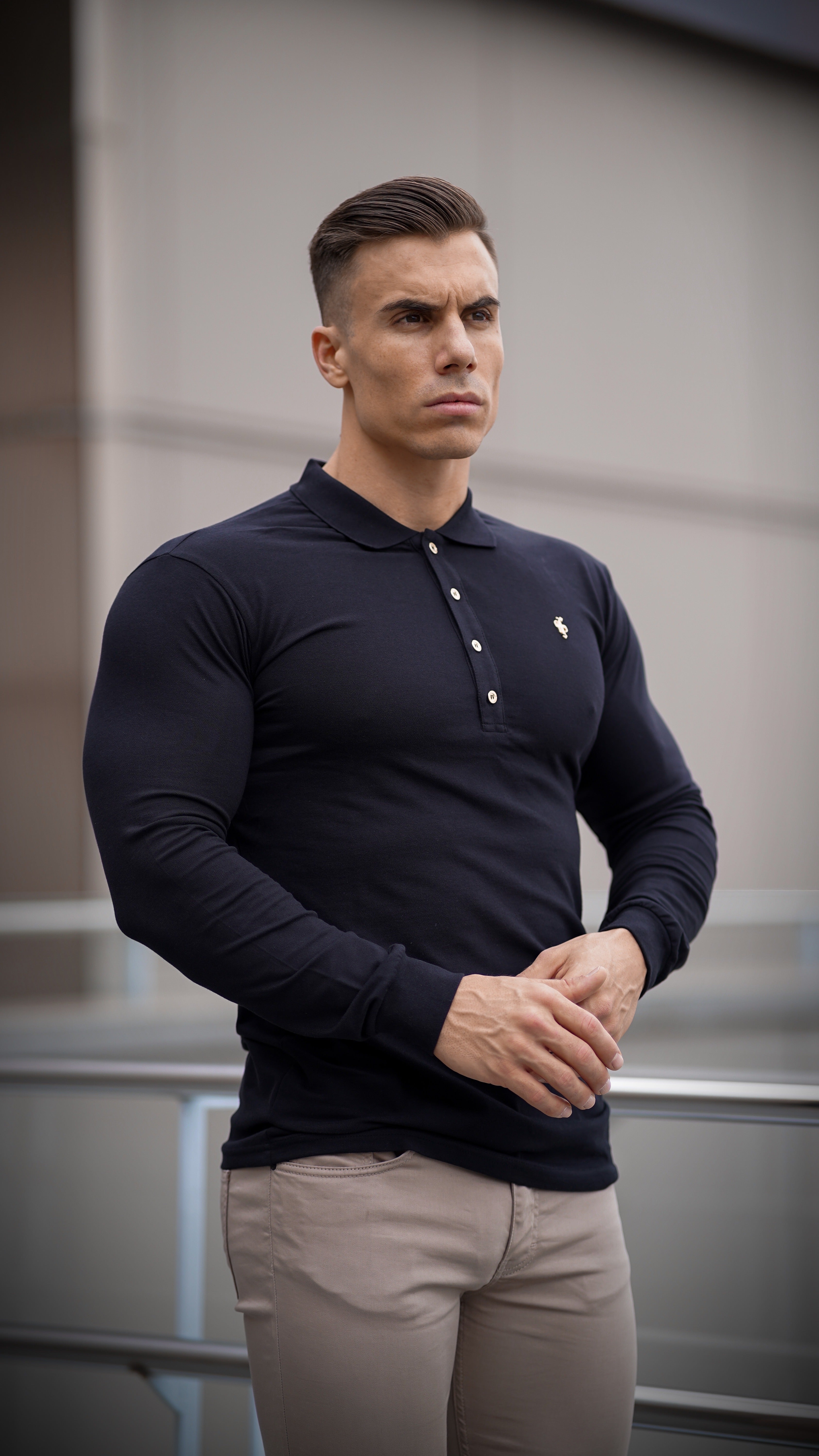 Classic Black Long Sleeve Polo Shirt with Gold Metal Emblem Decal & Buttons - FSH514