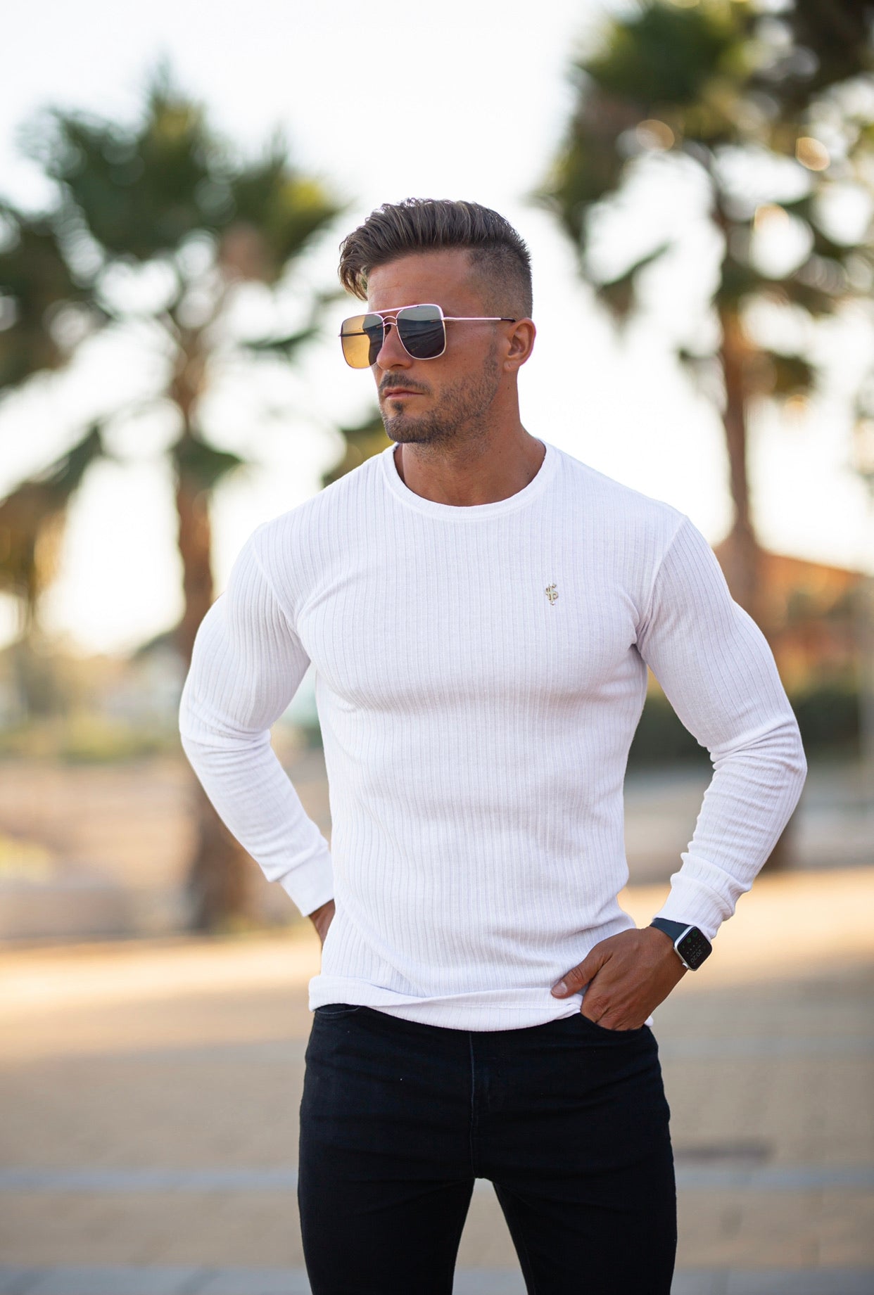 Super Slim White / Gold Ribbed Knit Super Slim Crew - FSH499