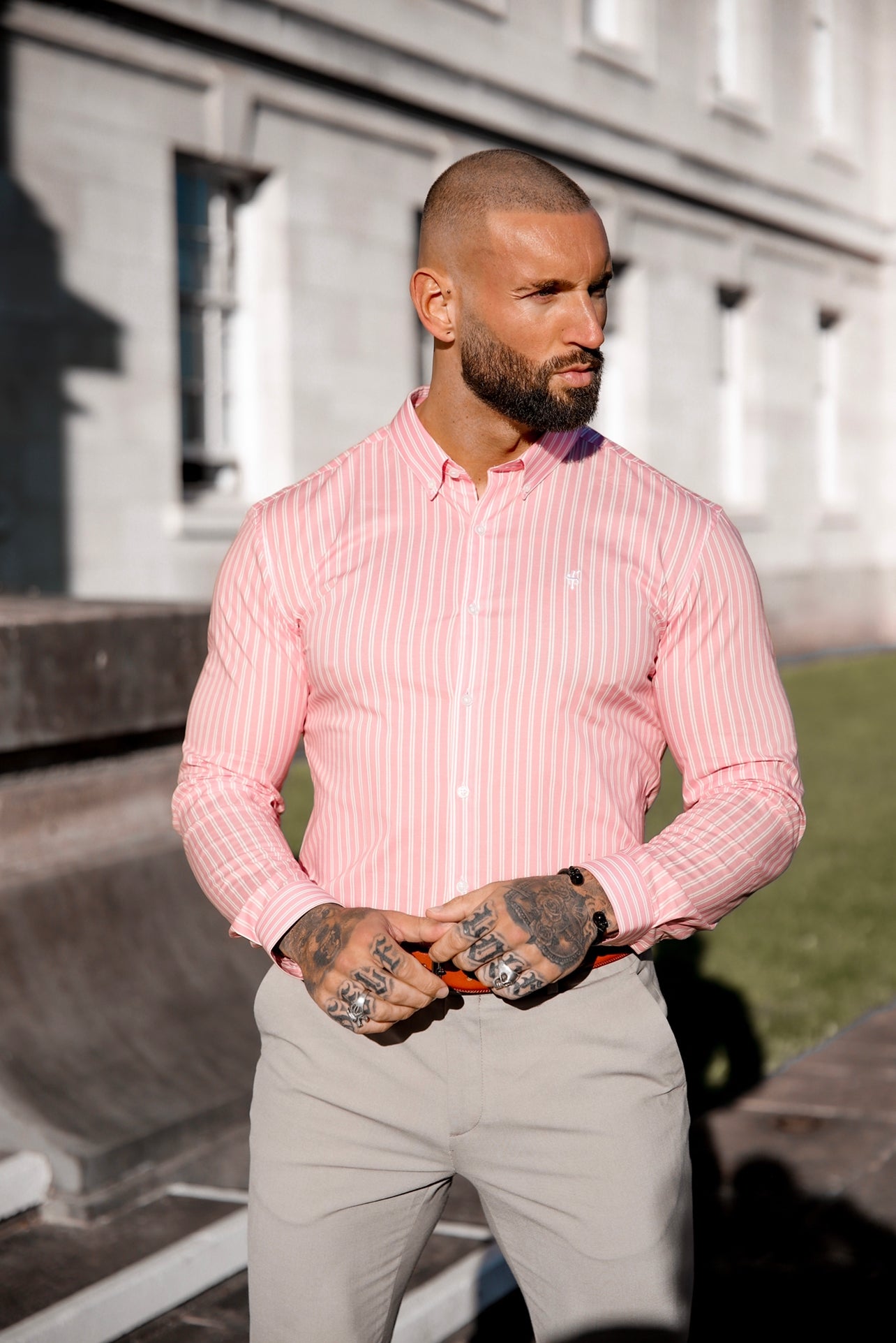 Super Slim Stretch White / Pink Stripe Print Long Sleeve with Button Down Collar - FS888