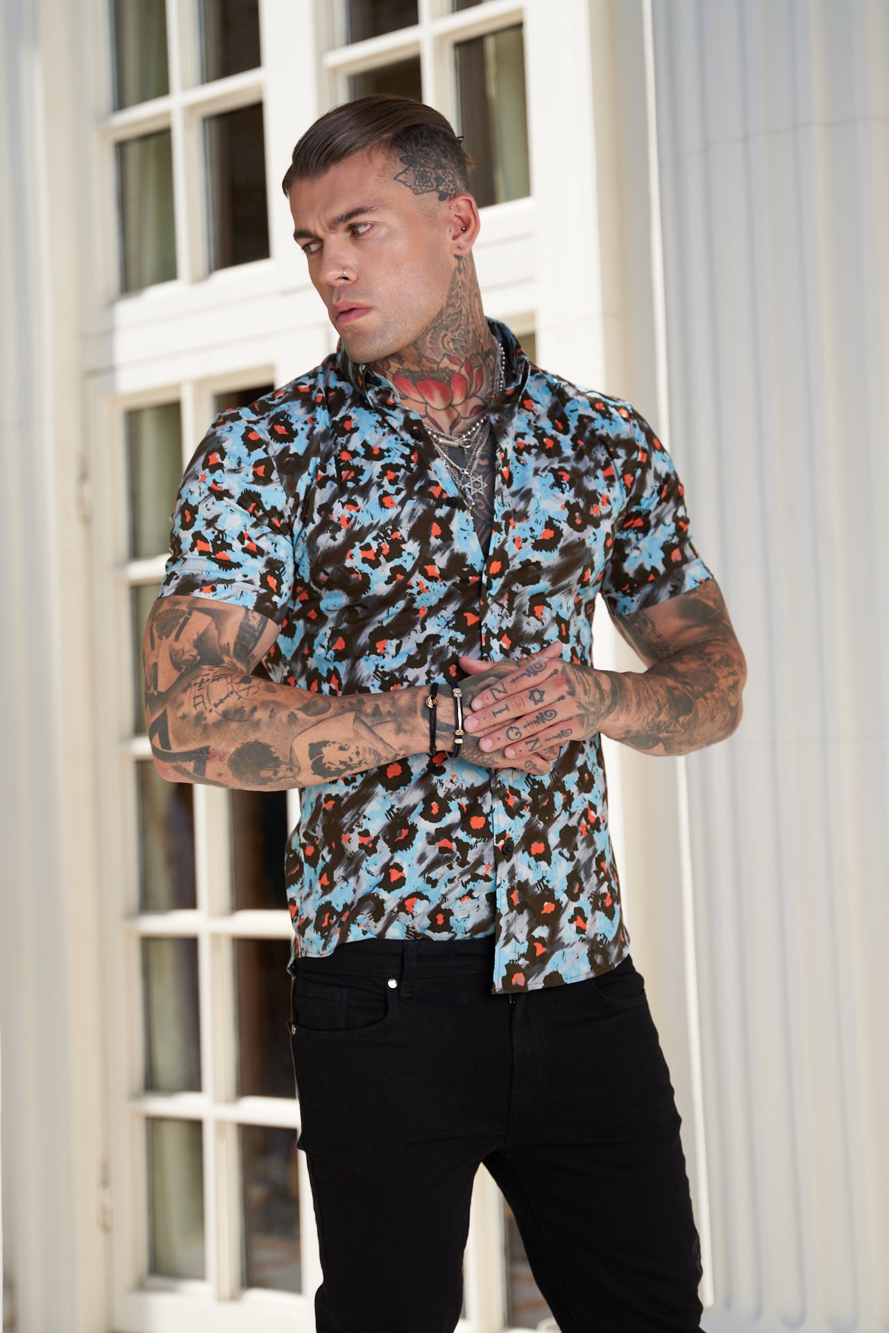 Super Slim Stretch Multi Colour Abstract Leopard Print Short Sleeve with Button Down Collar - FS790