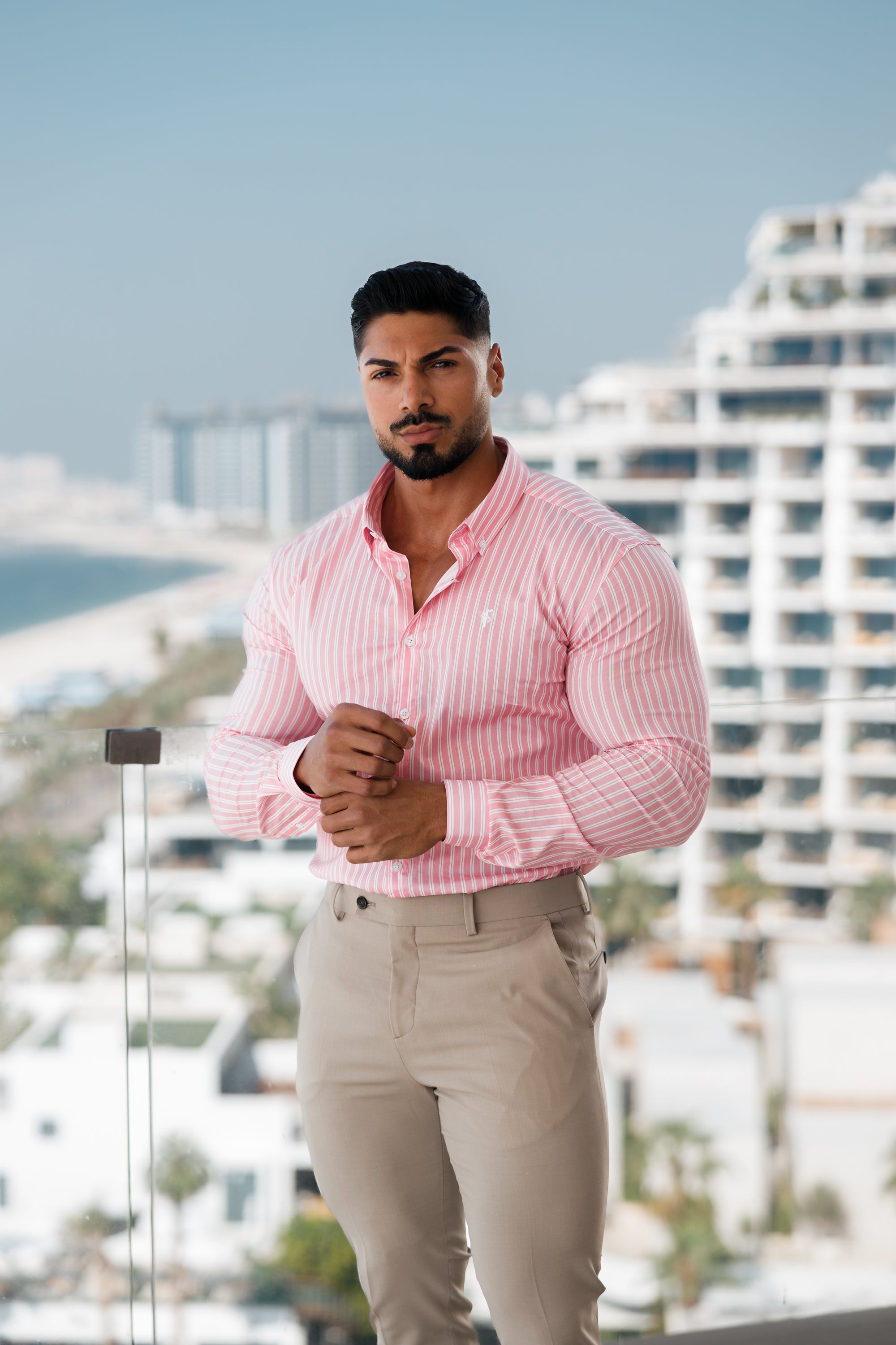 Super Slim Stretch White / Pink Stripe Print Long Sleeve with Button Down Collar - FS888