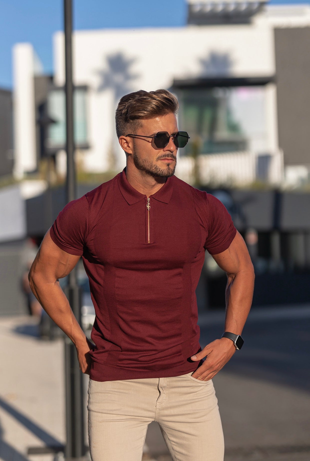 Classic Fig Burgundy and Gold Zip Knitted Short Sleeve Polo - FSH466