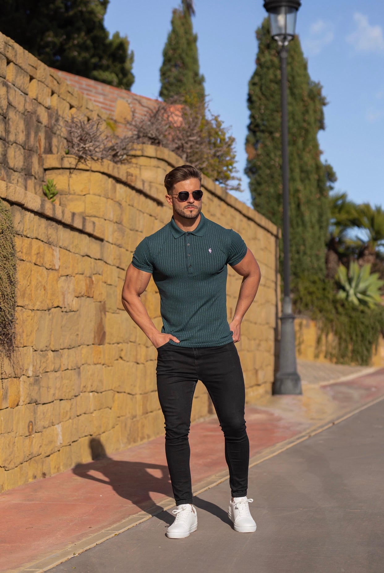 Classic Forest Green Ribbed Polo Shirt Short Sleeve with Black Metal Emblem Decal & Buttons- FSH584