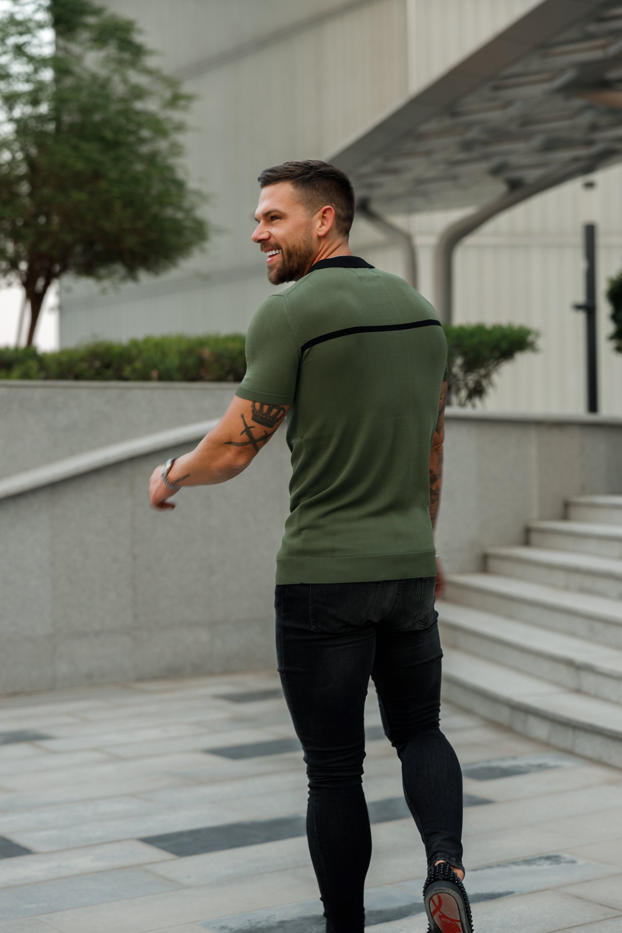 Classic Khaki / Black Horizontal Stripe Zipped Polo Short Sleeve - FSN042
