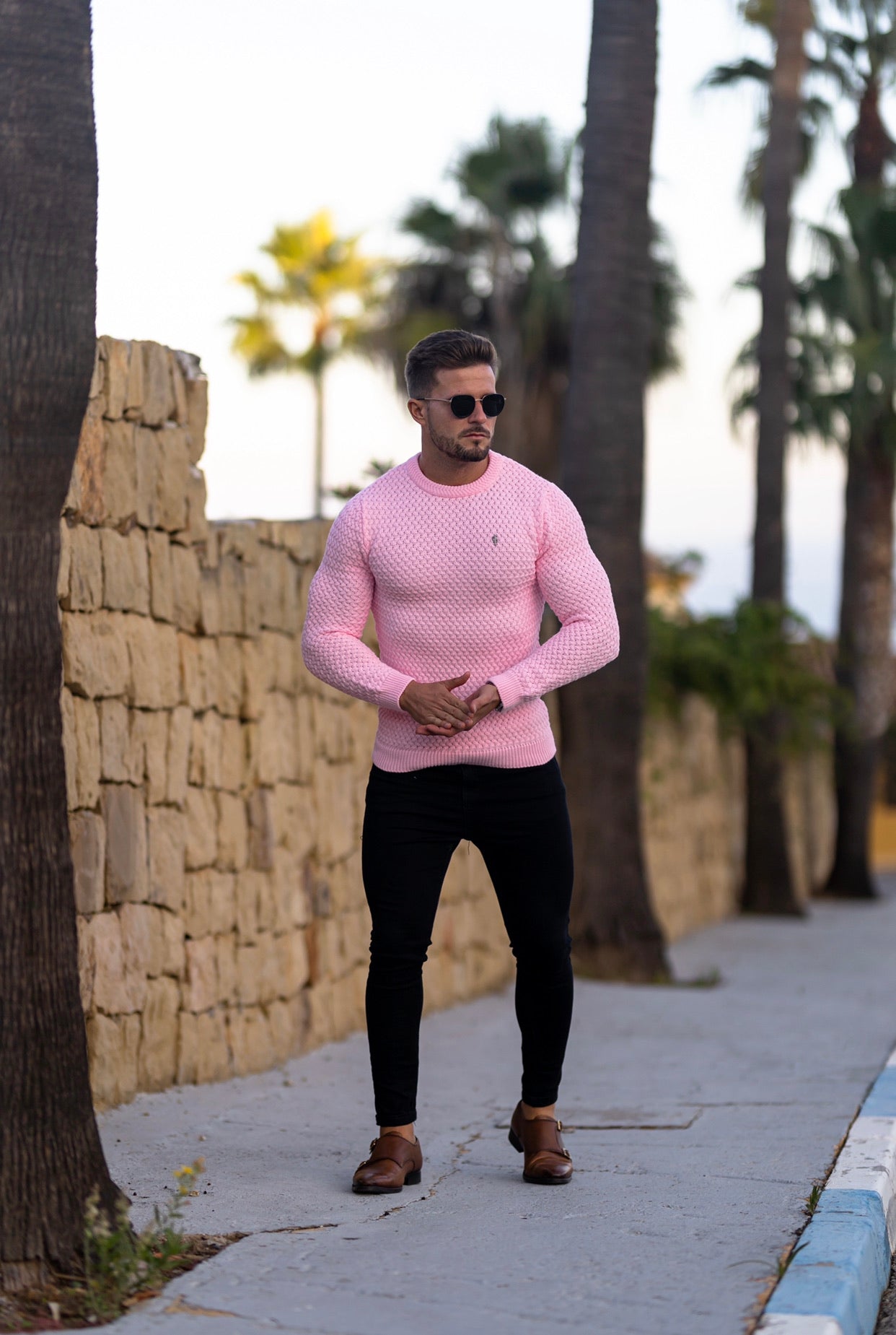 Pink Knitted Weave Super Slim Jumper With Metal Decal - FSJ023