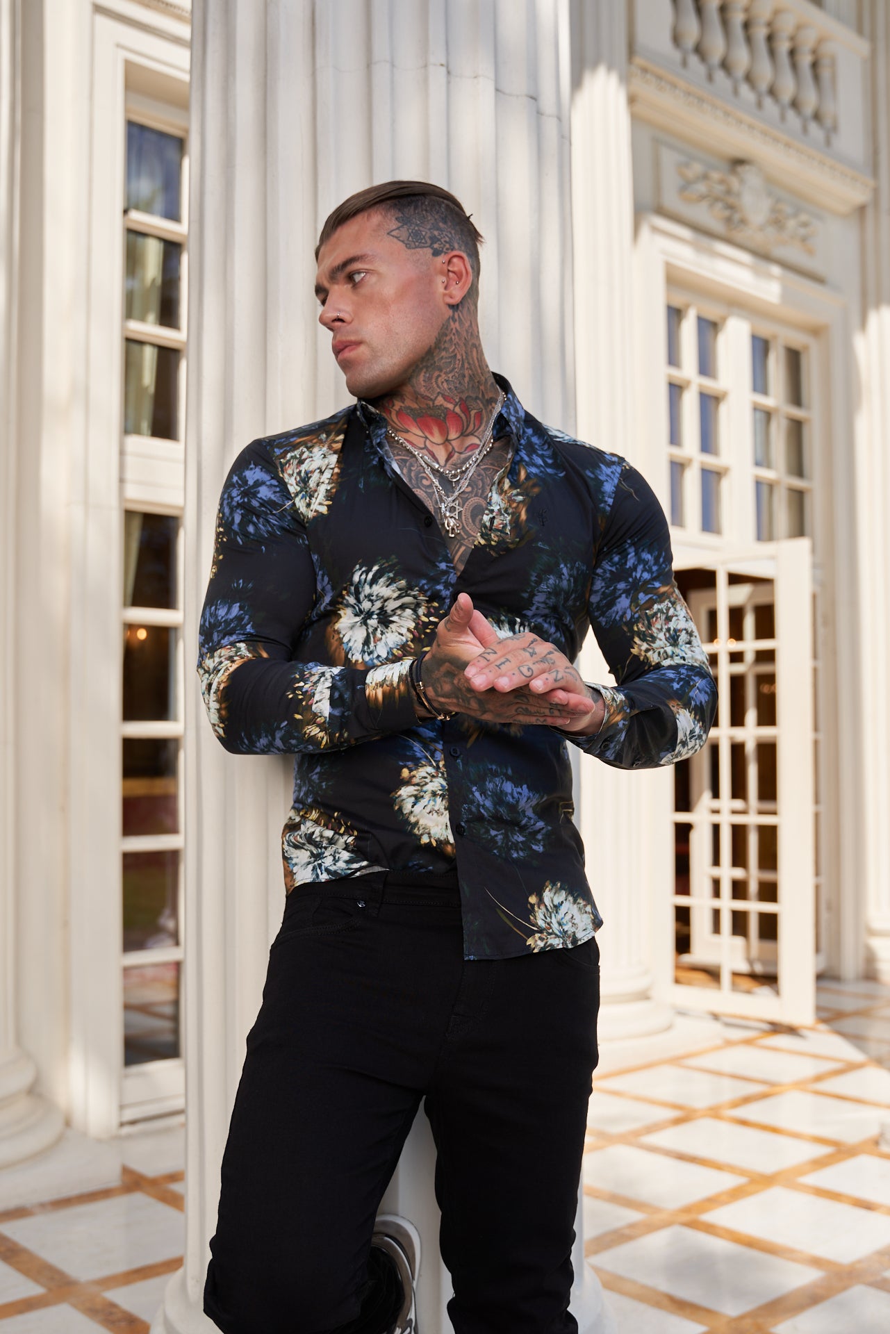 Super Slim Stretch Black Base Blurred Flower Print Long Sleeve with Button Down Collar - FS800