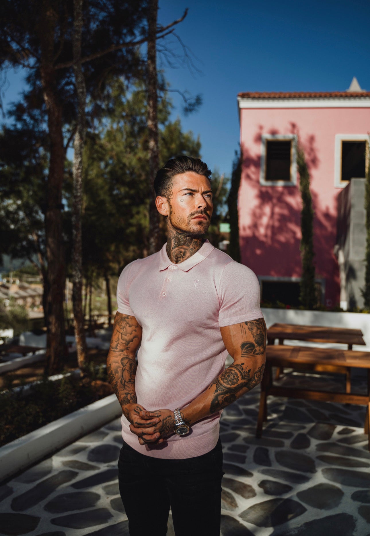 Classic Pale Pink Merino Wool Knitted Polo Jumper Short Sleeve With FS Embroidery- FSN028