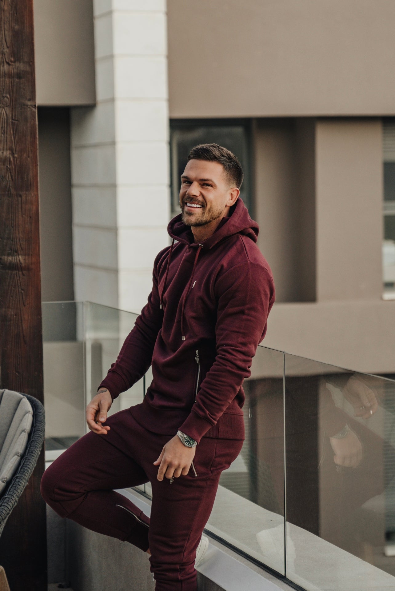 Burgundy / Silver Overhead Hoodie Top with Zipped Pockets - FSH797