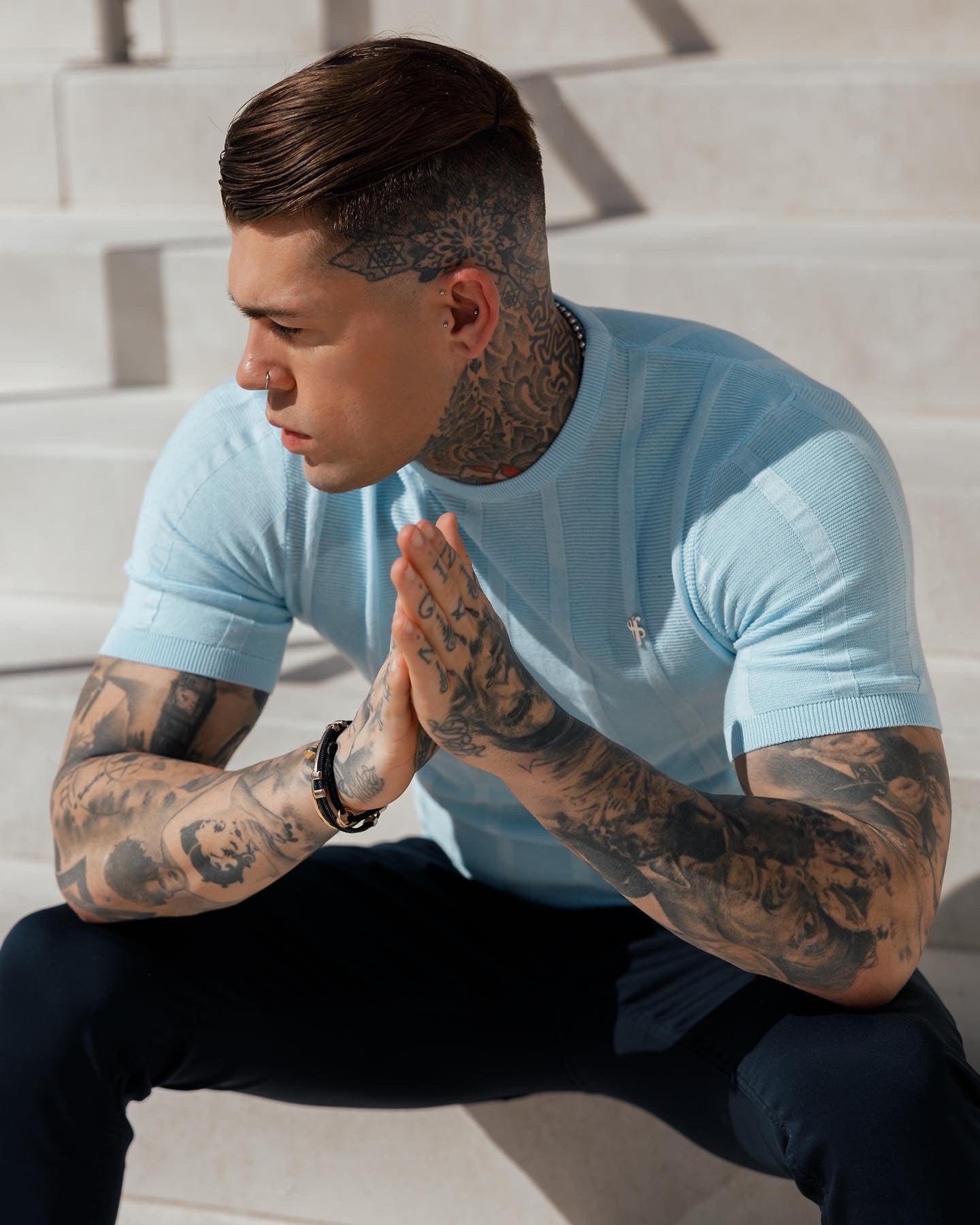 Classic Short Sleeve Baby Blue Knitted Wide Rib Crew with Silver Emblem - FSH739