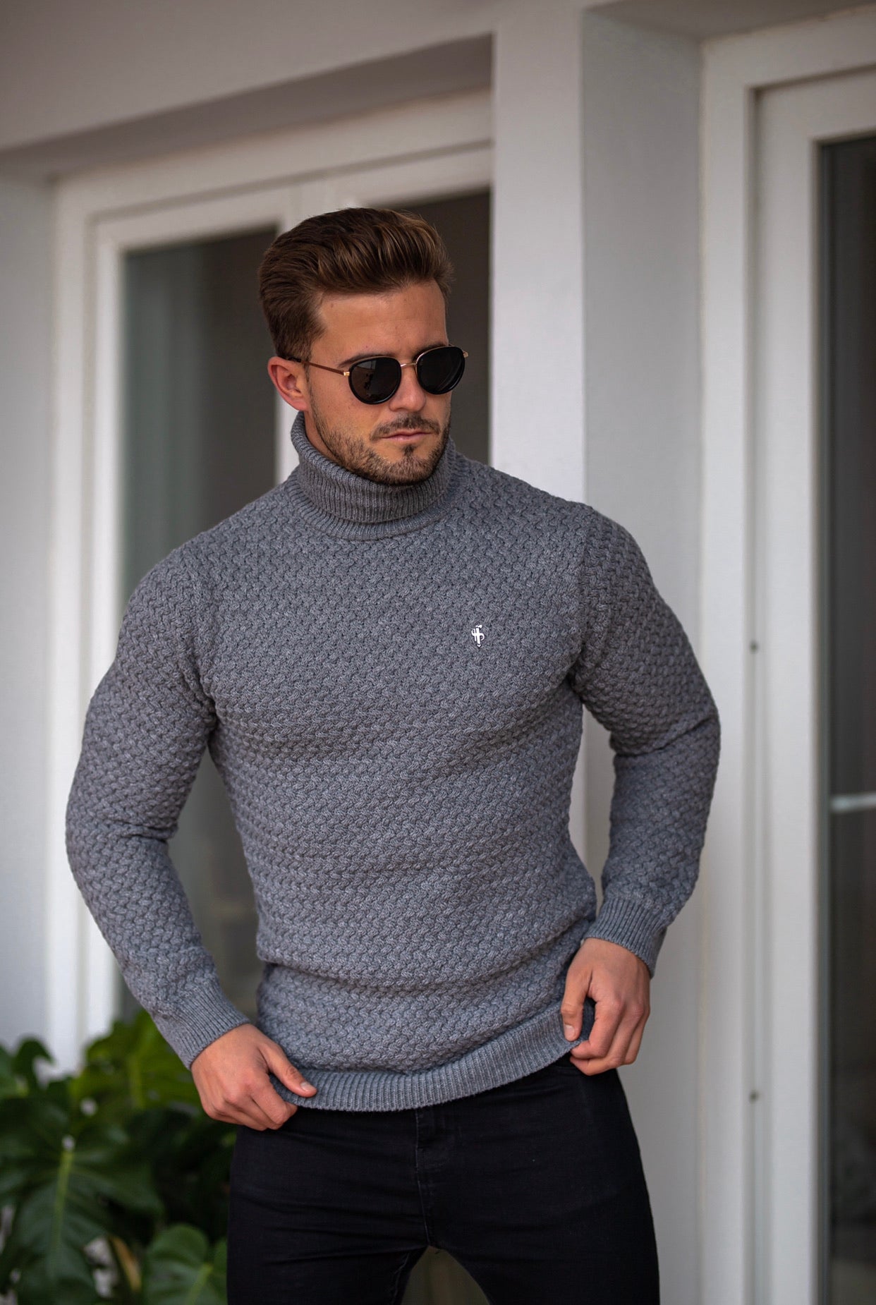Charcoal Knitted Roll Neck Weave Super Slim Jumper With Metal Decal - FSJ027