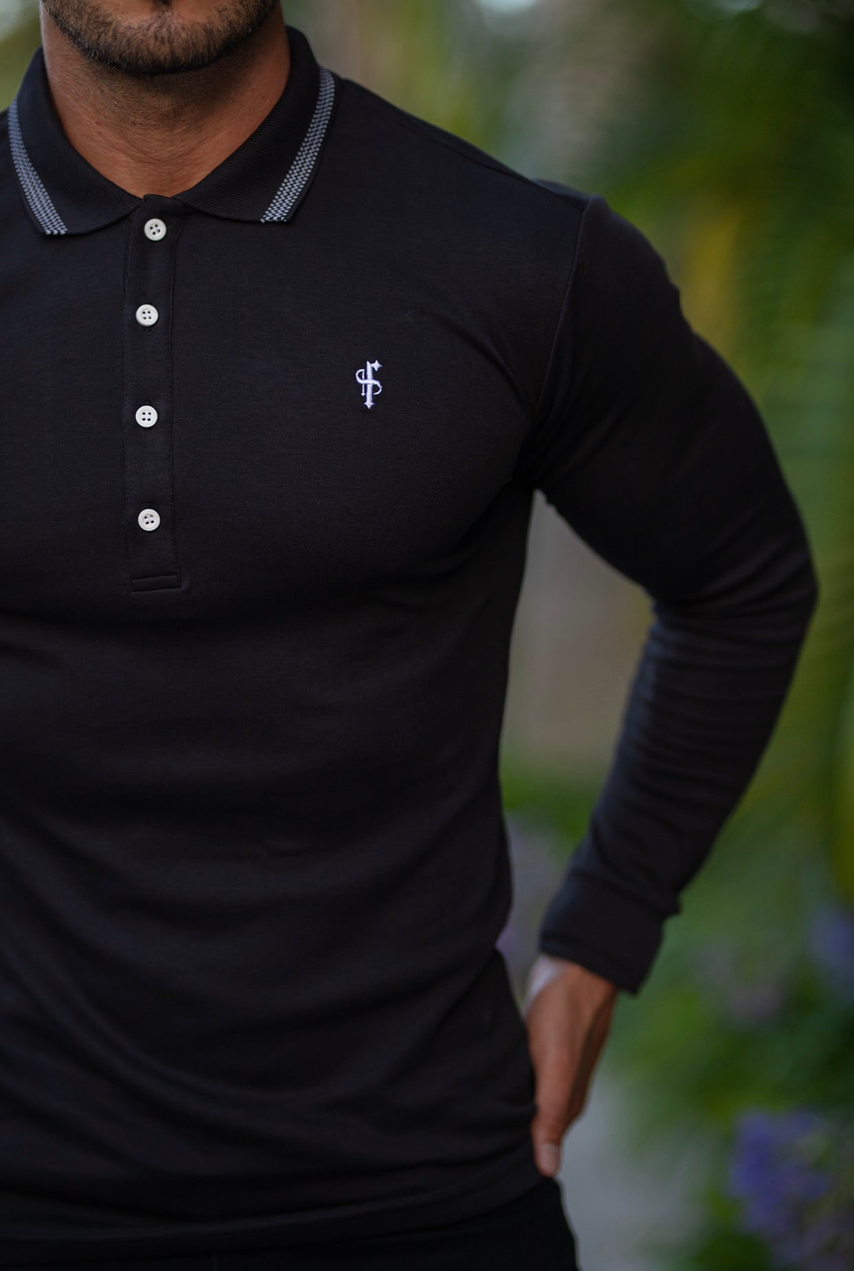 Classic Black Pima Polo Shirt with Contrast Collar Long Sleeve - FSH426