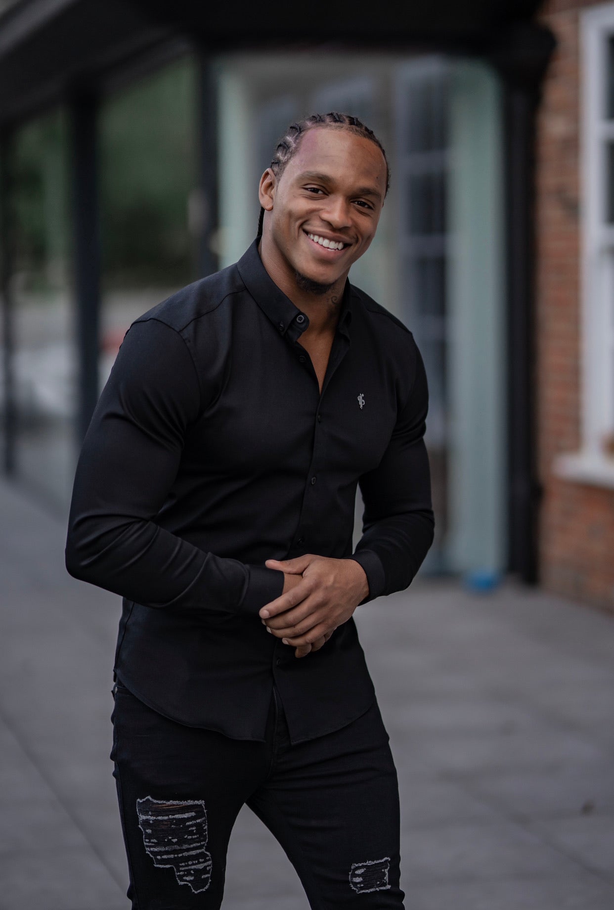 Super Slim Stretch Black Denim Long Sleeve with Metal Decal Emblem - FS642