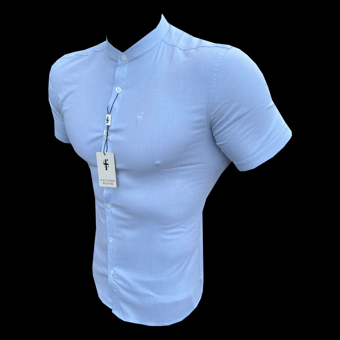 Super Slim Stretch Classic Oxford Light Blue Short Sleeve with Grandad Collar - FS937