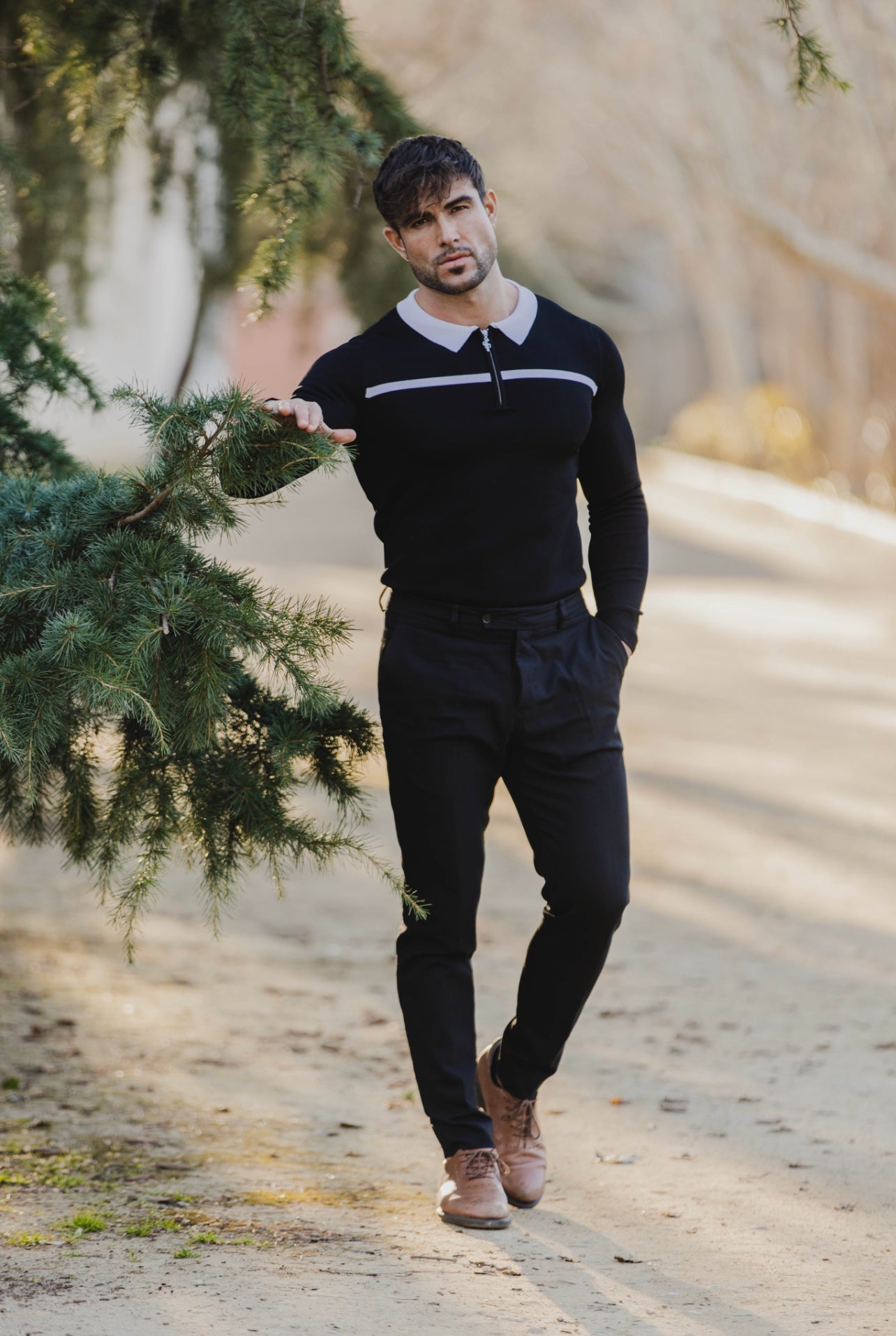 Classic Black / White Horizontal Stripe Zipped Polo Long Sleeve - FSN047