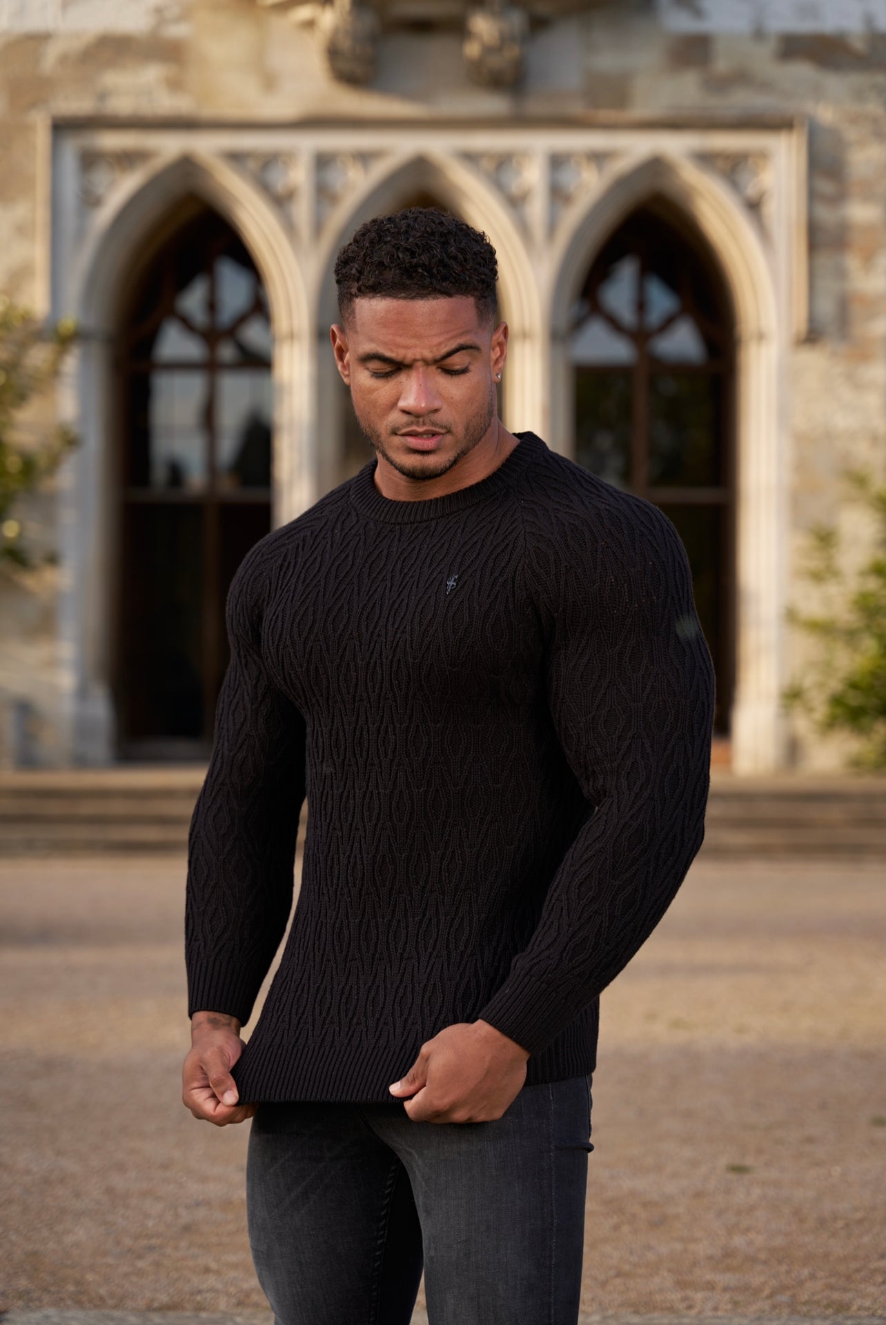 Black Knitted Elongated Diamond Crew Super Slim Raglan Jumper With Metal Decal - FSN051