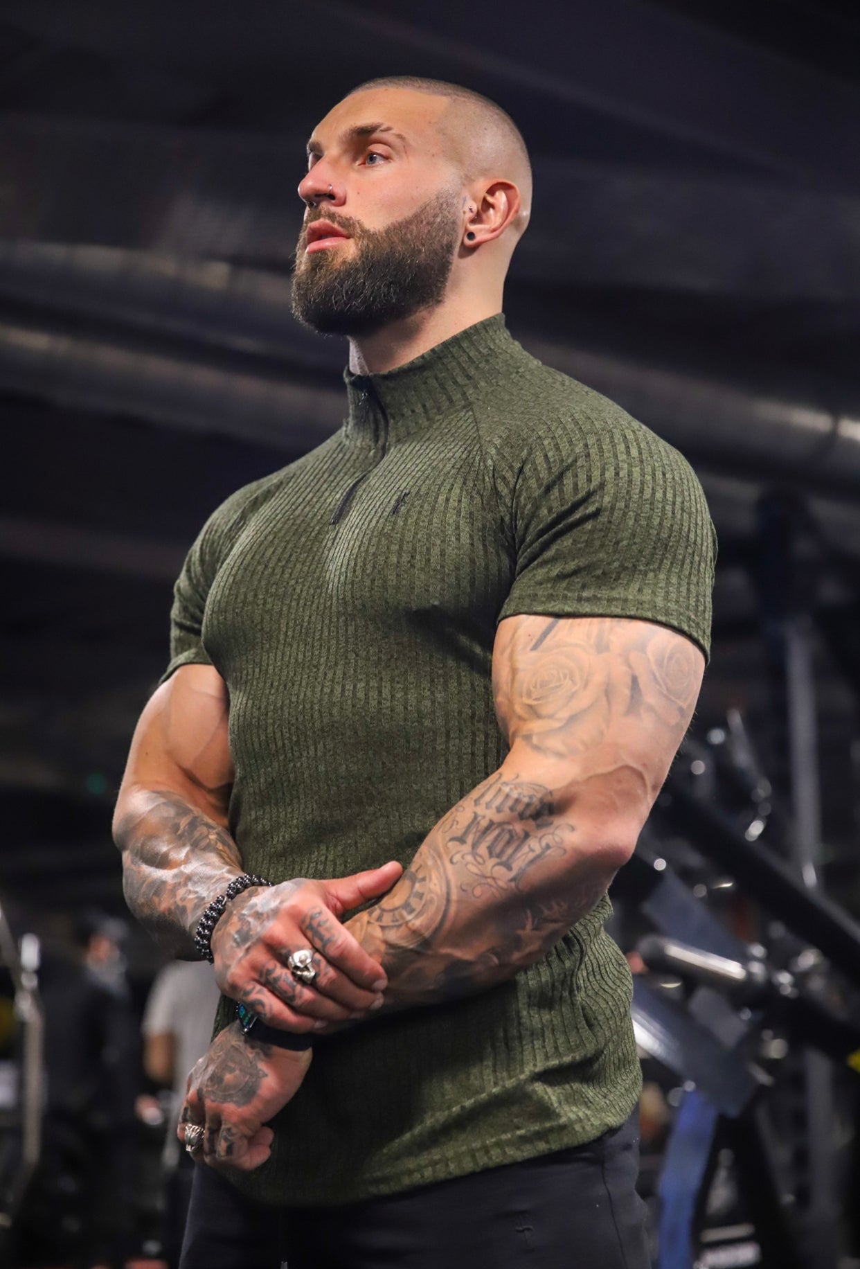 Classic Khaki Ribbed Zip Funnel Neck Raglan Short Sleeve Crew - FSH731