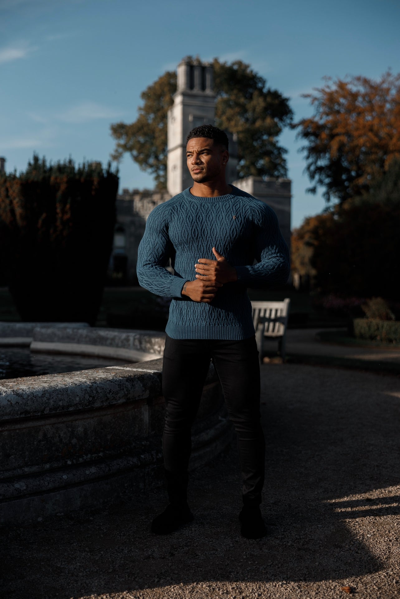 Air Force Blue Knitted Elongated Diamond Crew Super Slim Raglan Jumper With Metal Decal - FSN046