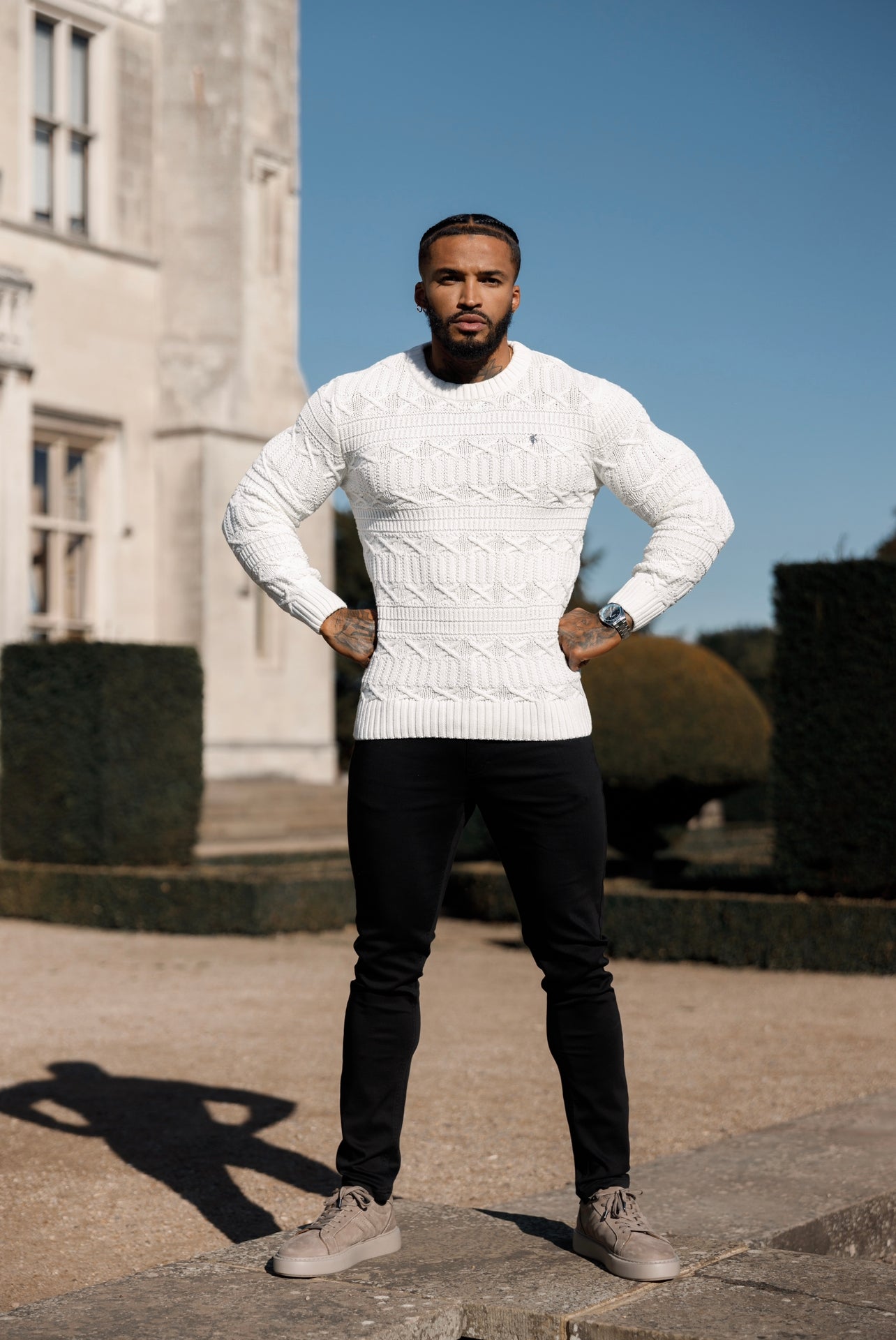 Off White Knitted Cable Link Crew Super Slim Jumper With Metal Decal - FSN070