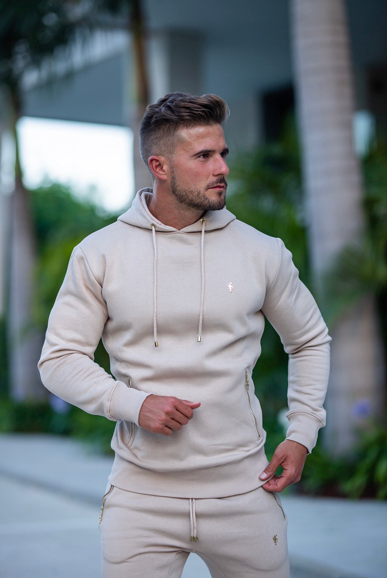Beige & Gold Overhead Hoodie Top with Zipped Pockets - FSH483