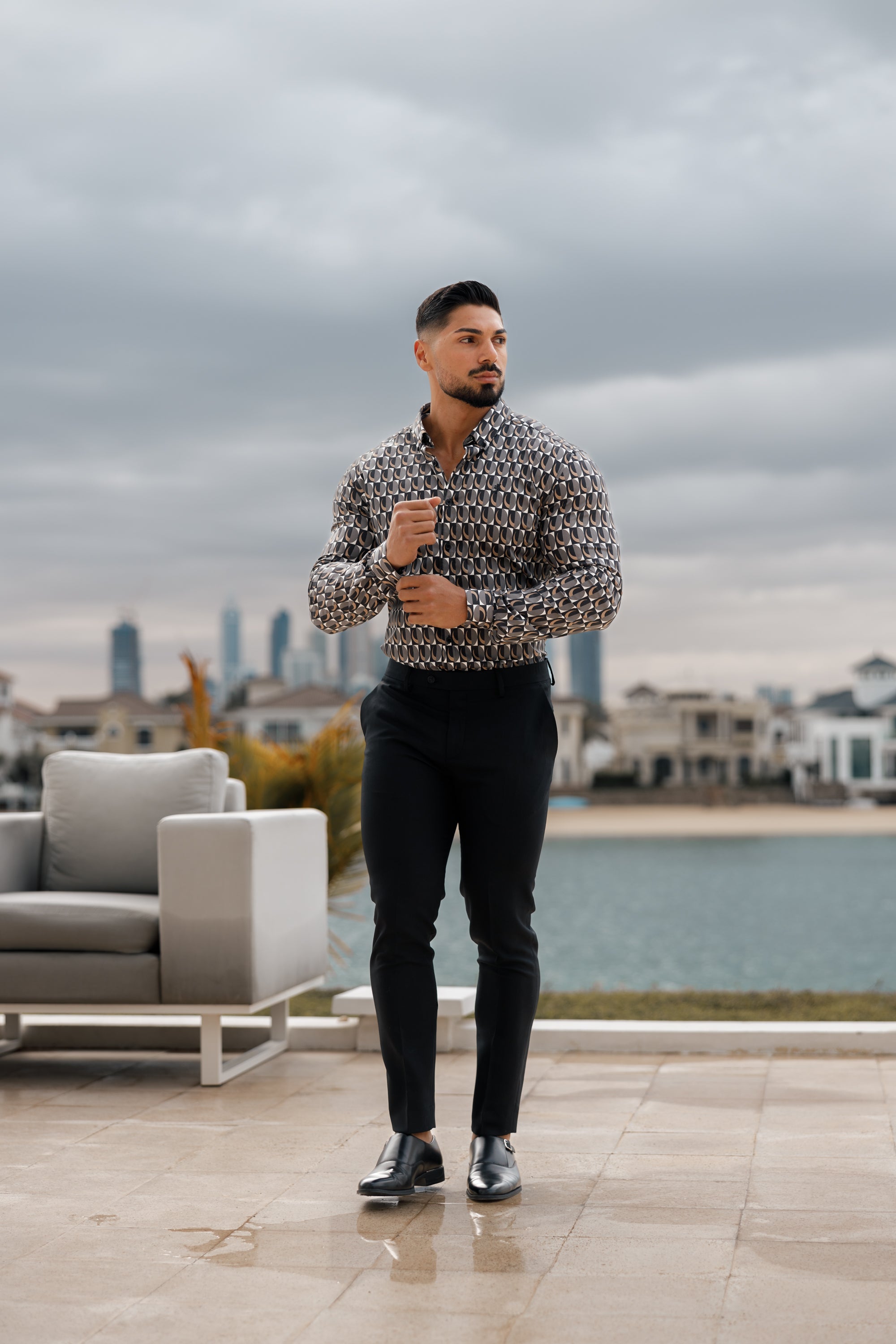 Super Slim Stretch Black Multi Retro Print Long Sleeve with Button Down Collar - FS910