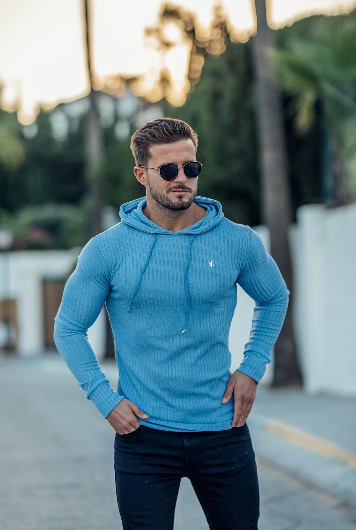 Classic Baby Blue Ribbed Knit Hoodie Jumper With Silver Emblem - FSH595