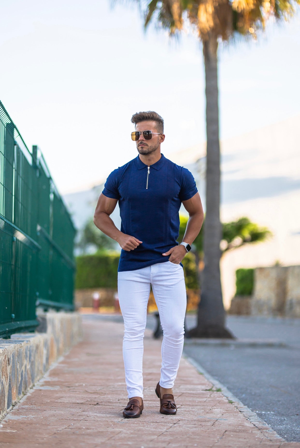 Classic Navy and Gold Zip Knitted Short Sleeve Polo Shirt - FSH417