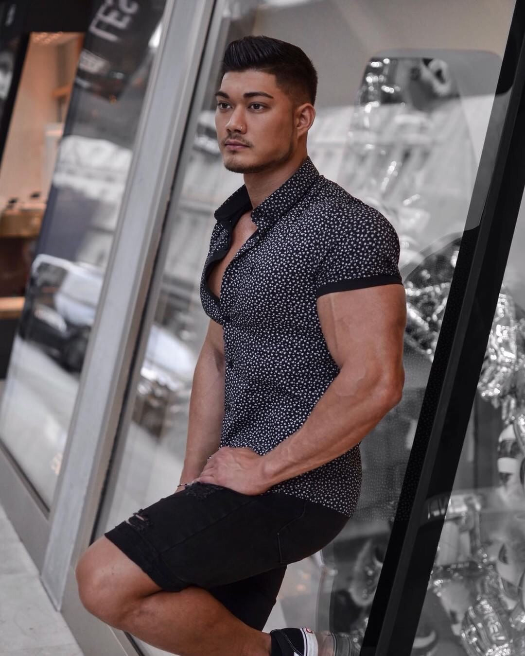 Super Slim Stretch Black & White Dandy Print Short Sleeve FS416