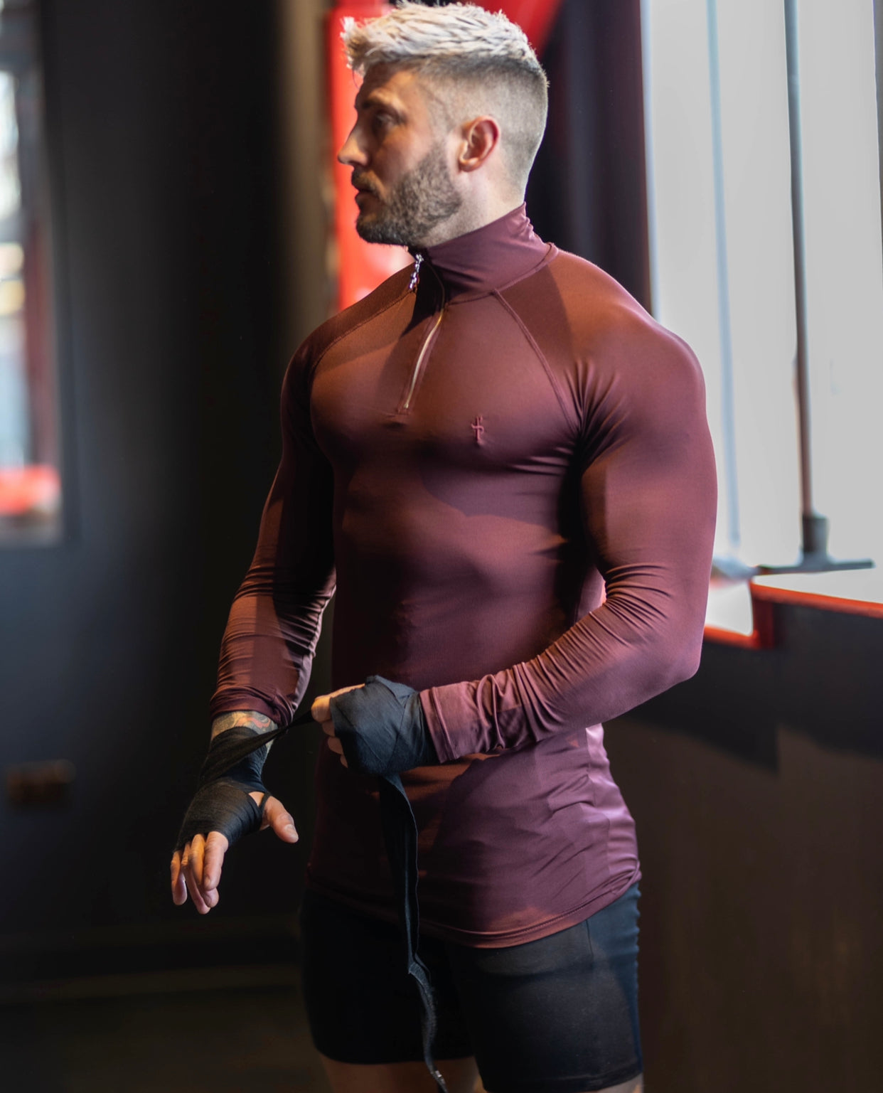 Long Sleeve Burgundy Half Zip Gym Top - FSH733
