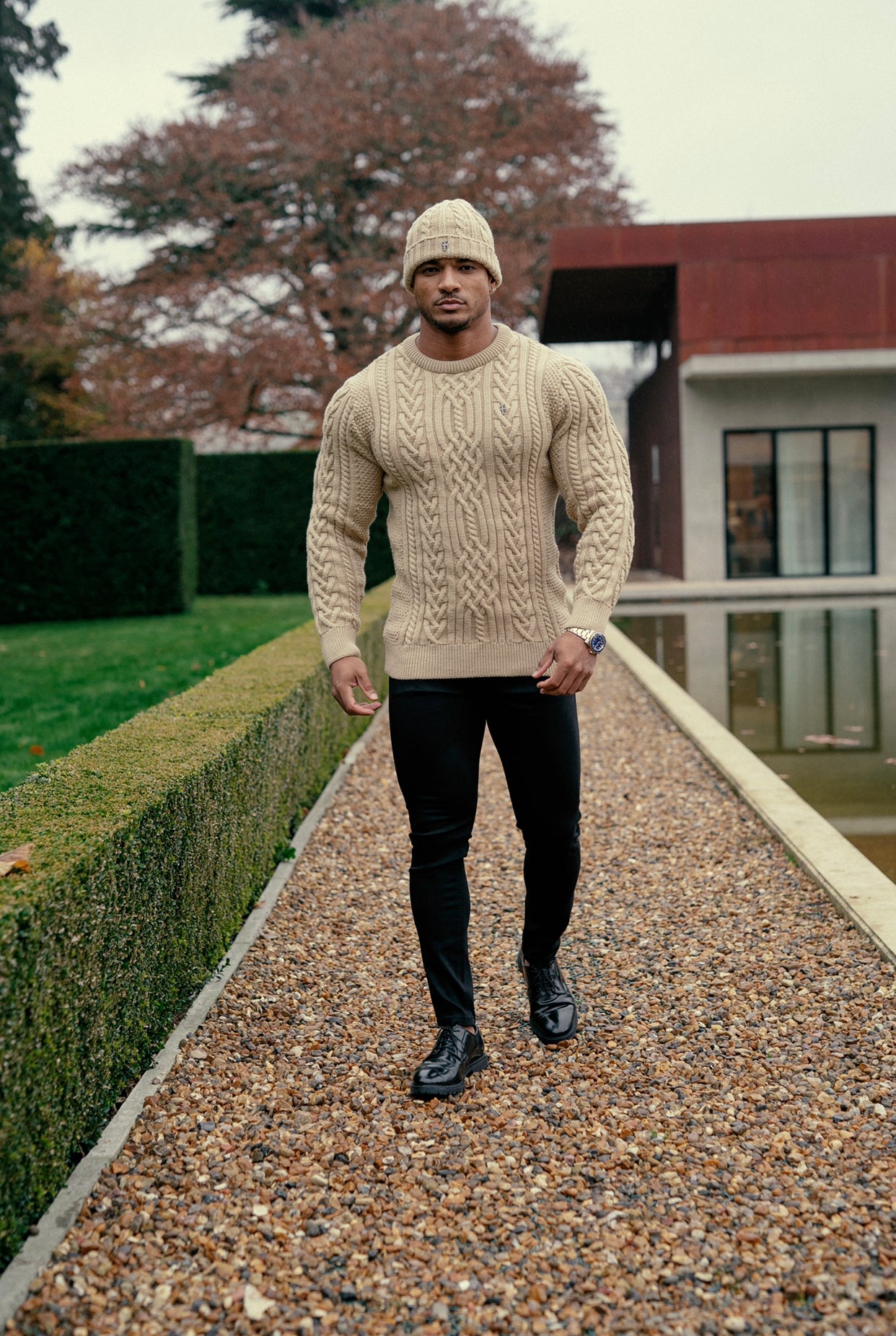 Oatmeal Twisted Braid Weave Super Slim Jumper With Gunmetal Decal - FSJ044