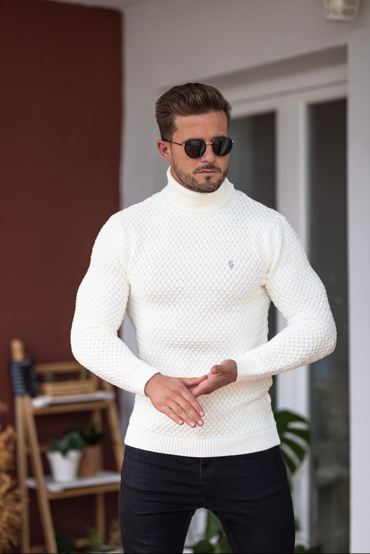 Cream Knitted Roll Neck Weave Super Slim Jumper With Metal Decal - FSJ026