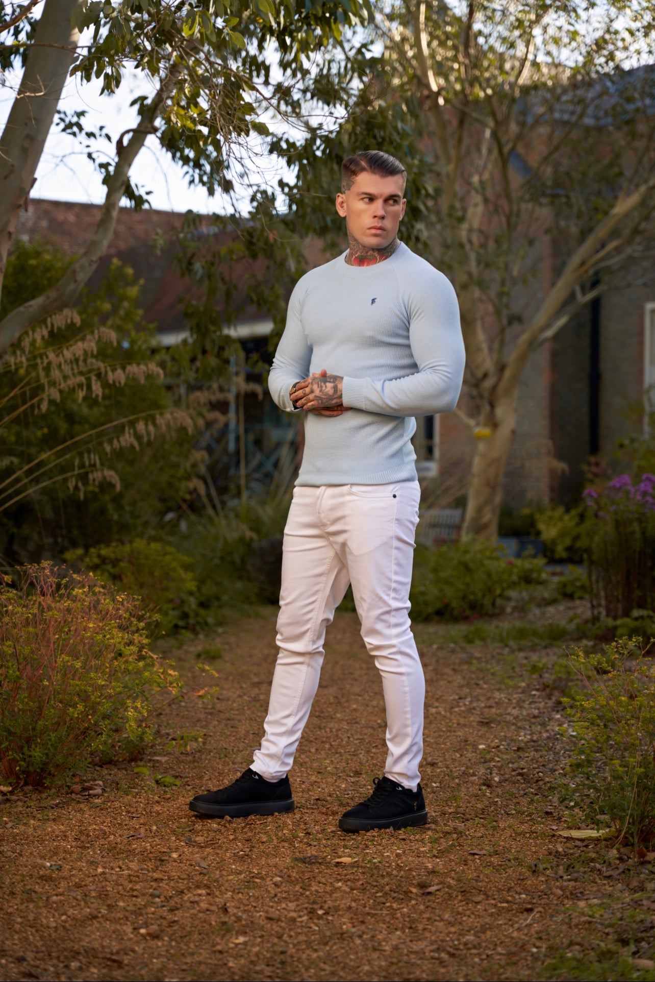 Sky Blue Knitted Honeycomb Raglan Crew Super Slim Jumper With Metal Decal - FSN067
