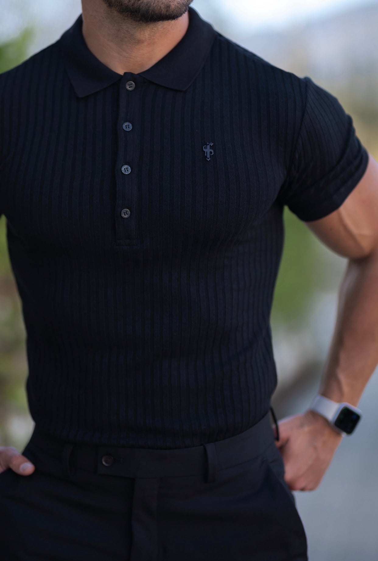 Classic Black Ribbed Polo Shirt Short Sleeve - FSH551