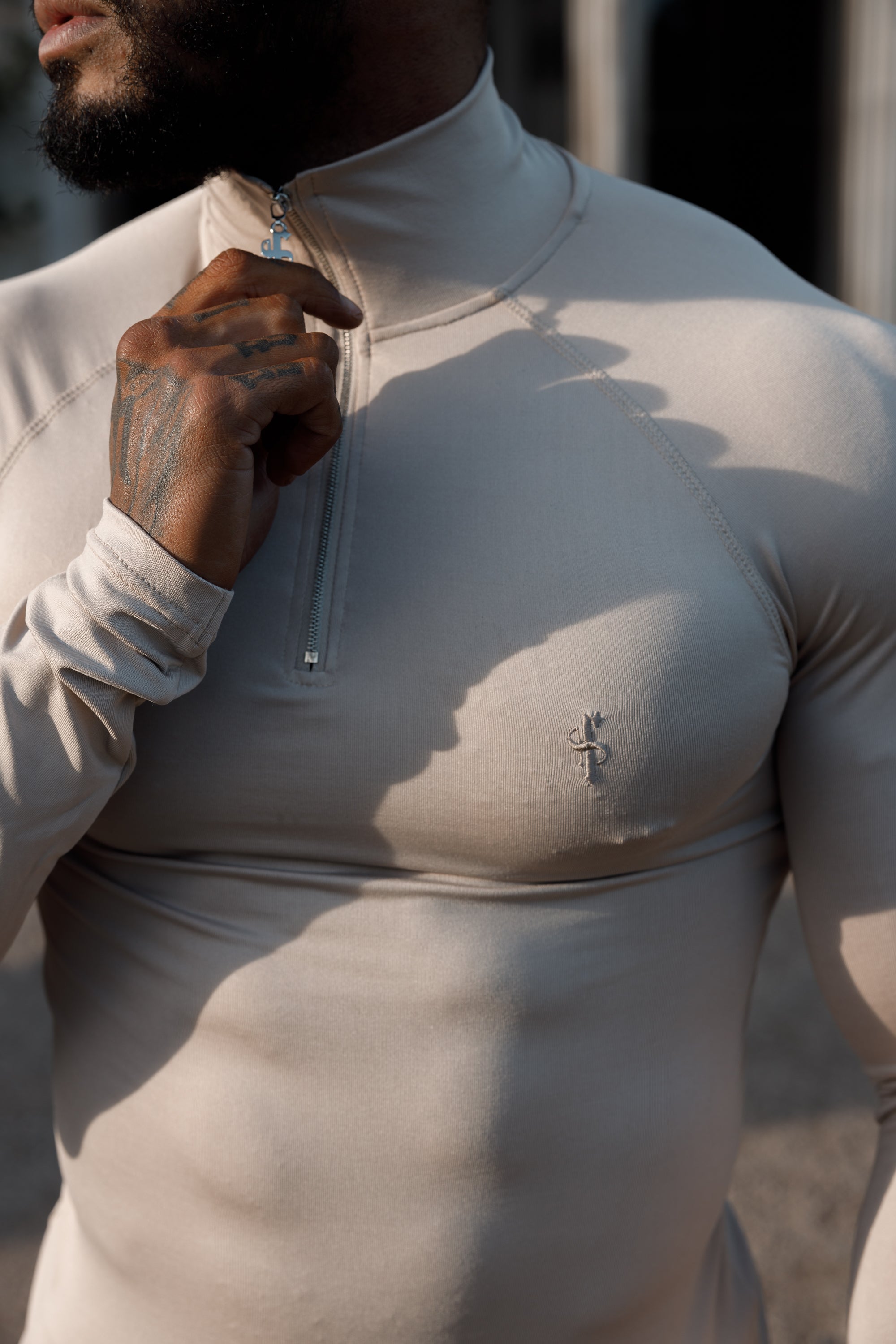 Long Sleeve Beige Half Zip Gym Top - FSH749