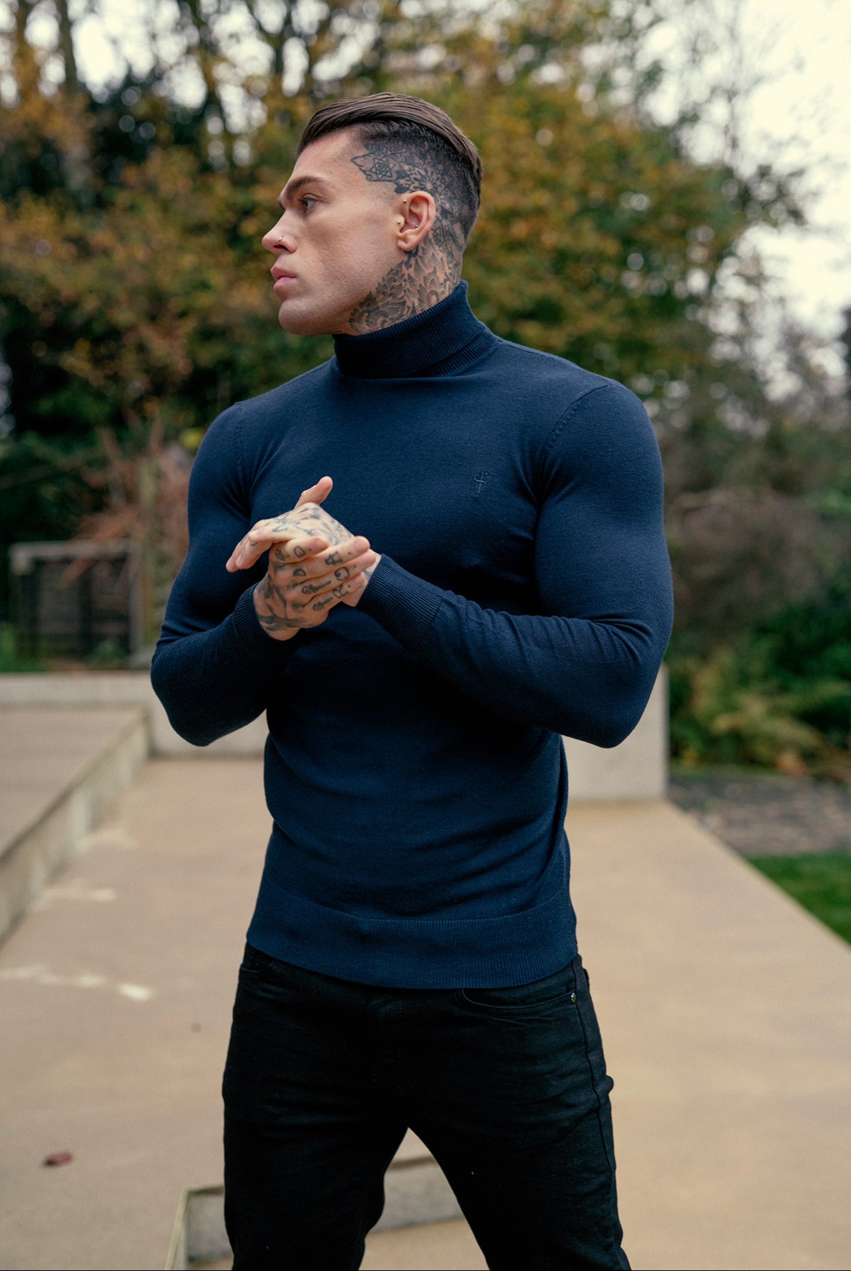 Classic Navy Roll Neck Merino Wool Knitted Jumper With FS Embroidery - FSN011