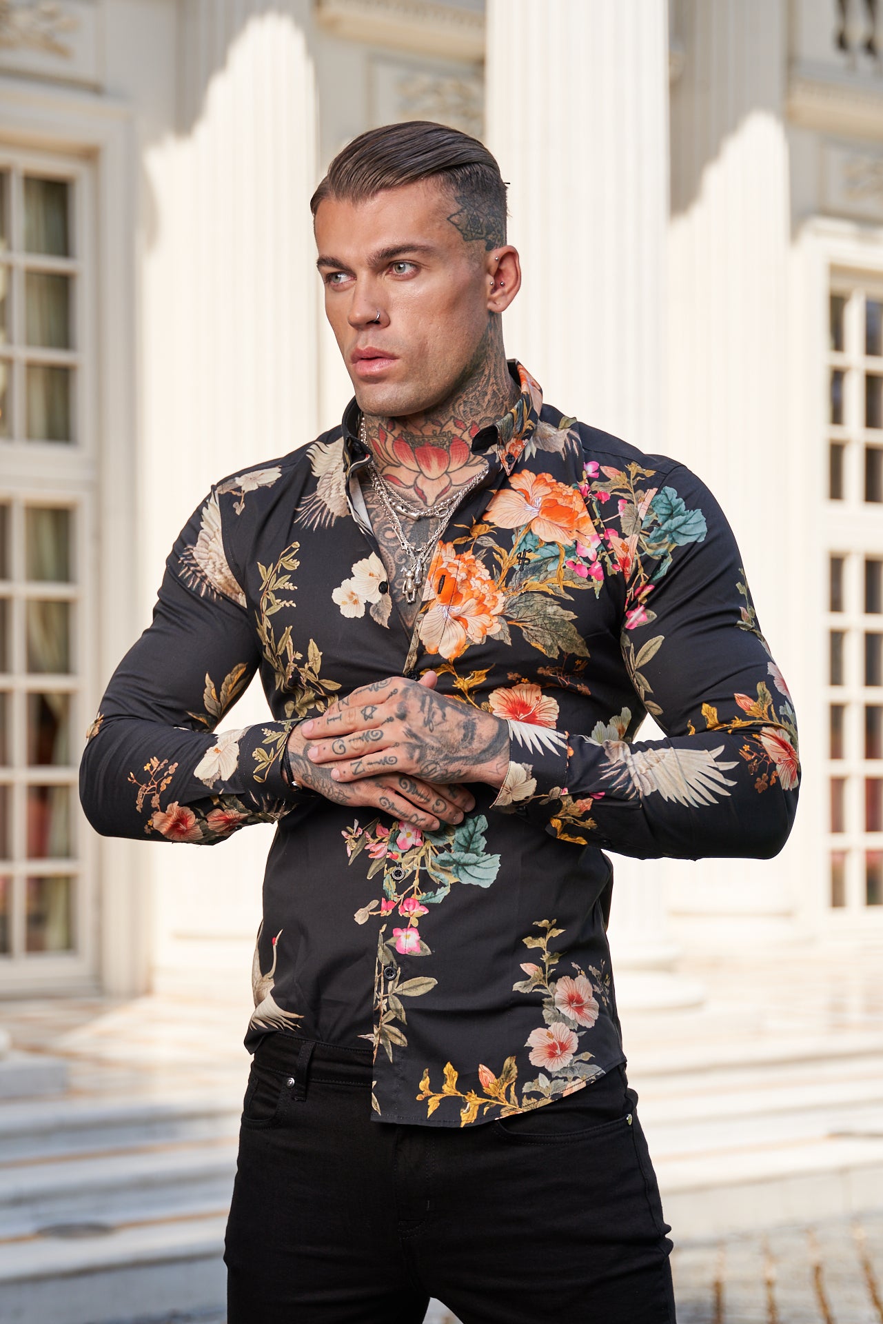 Super Slim Stretch Black Crane Print Long Sleeve with Button Down Collar - FS772