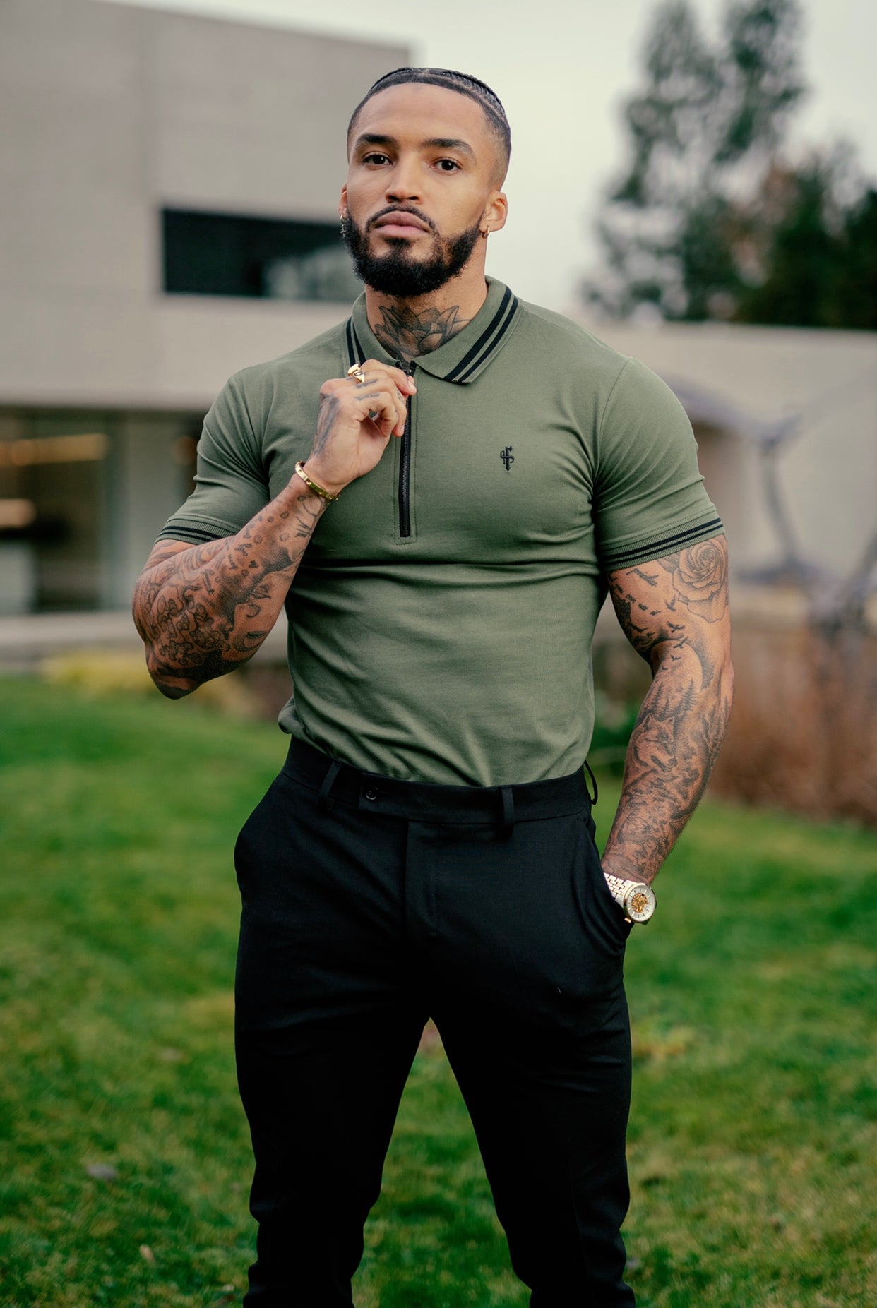 Khaki and Black Collar Contrast Zip Polo - FSH337
