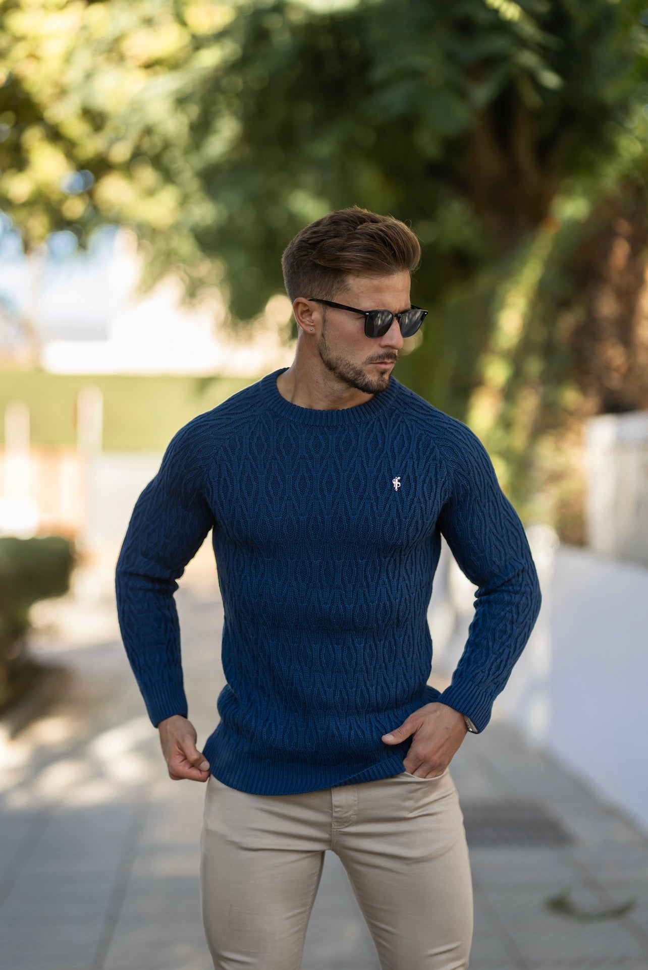 Air Force Blue Knitted Elongated Diamond Crew Super Slim Raglan Jumper With Metal Decal - FSN046