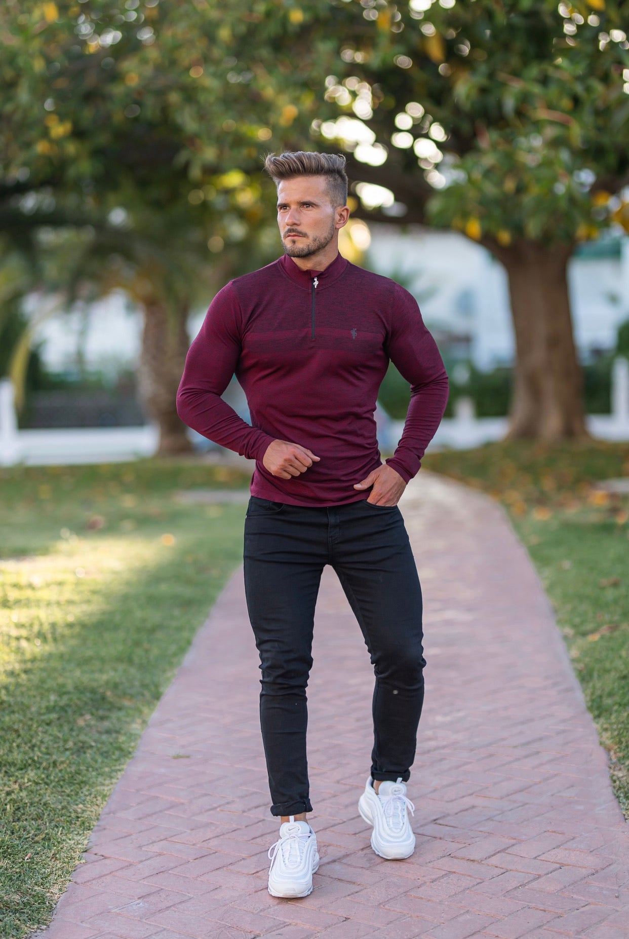 Long sleeve Burgundy / Black half zip gym top - FSM030