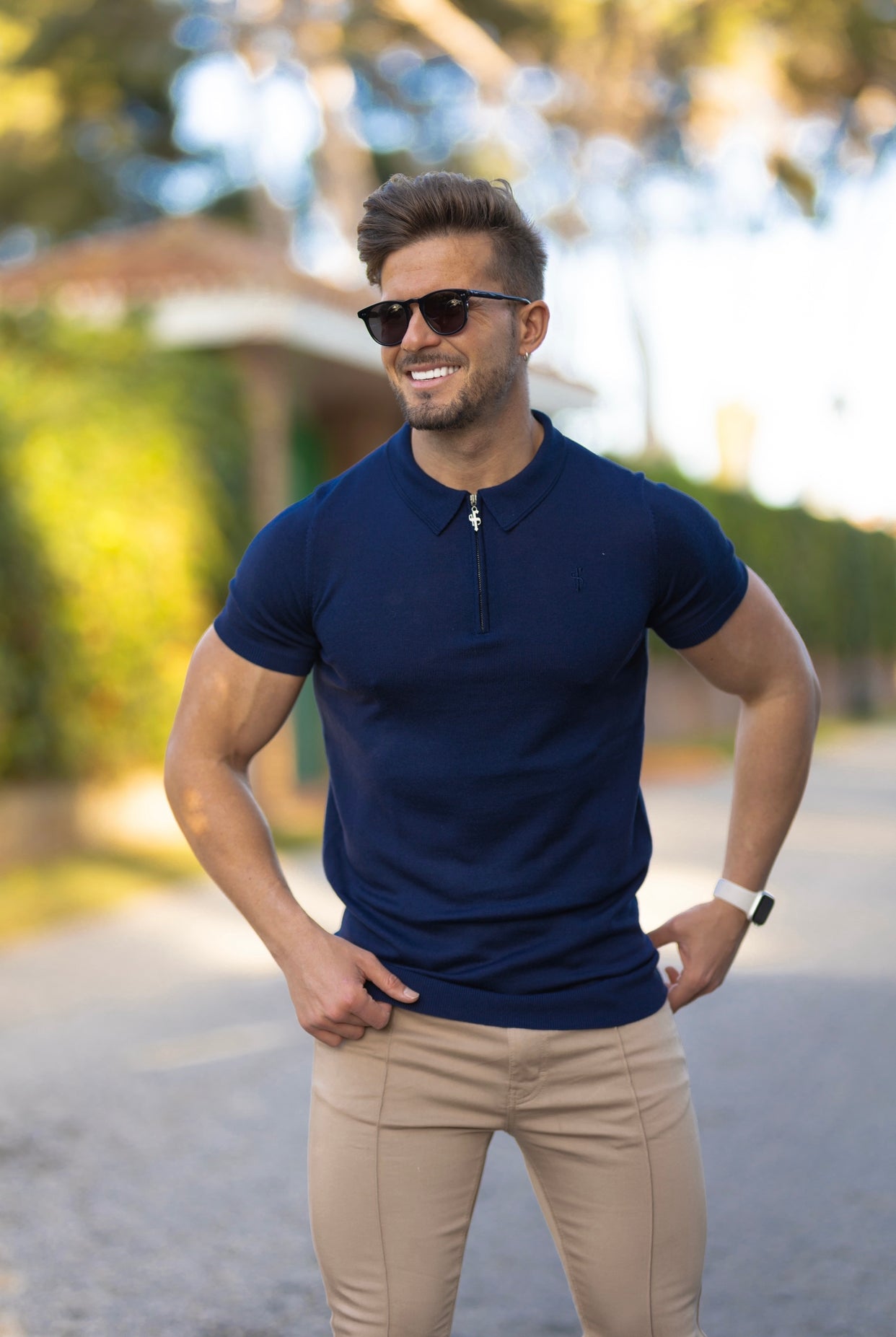 Classic Navy Merino Wool Knitted Zip Polo Short Sleeve Jumper With FS Embroidery- FSN027
