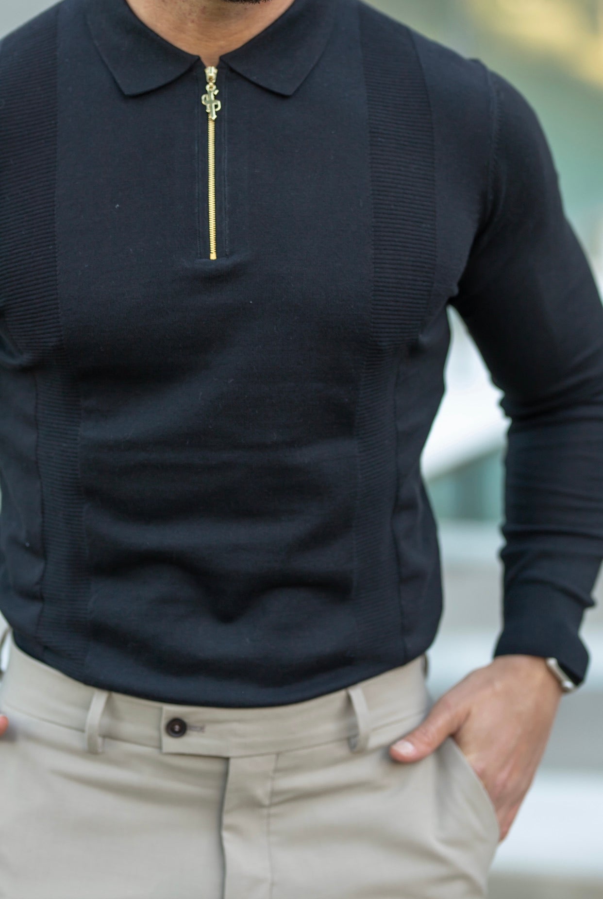 Classic Black and Gold Zip Knitted Long Sleeve Polo Shirt - FSH564